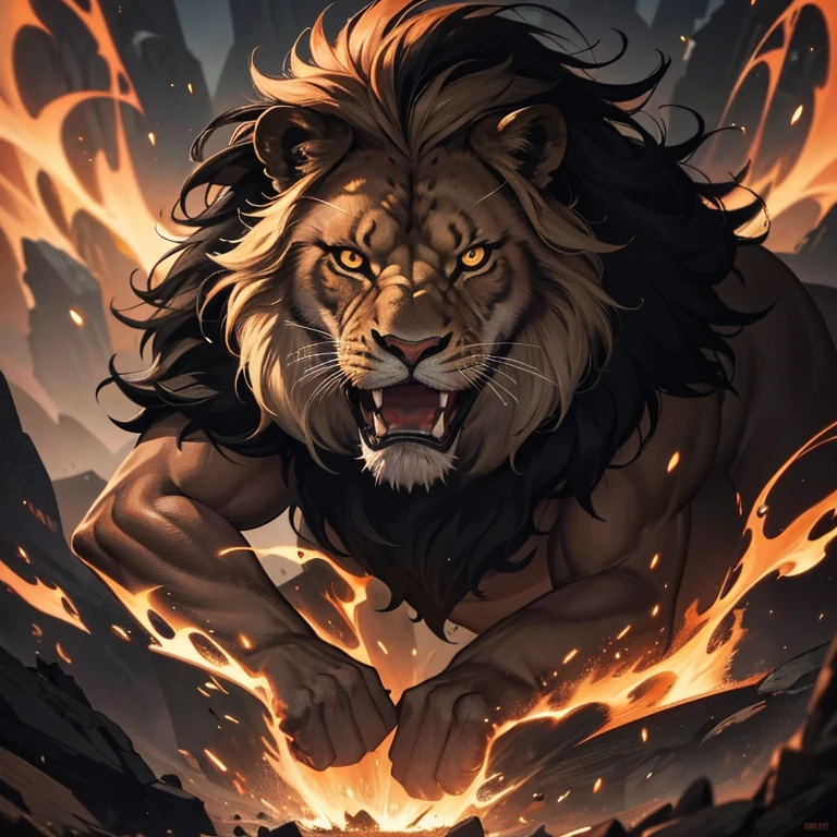 highest quality,4K,8K,High resolution,masterpiece:1.2),Super detailed,Ferocious lion fierce gaze,tooth,nail,cinematic,Powerful muscles,Strong presence,magic effect,shining eyes,mysterious forest,fantasy,strong,leading,Different world,graphic,dark,