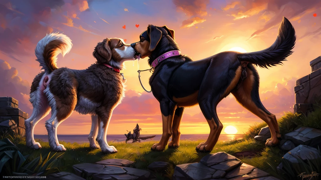  🐕‍🦺x🐕x🐩x🐶, (absurd res), ((ultra high resolution)), (((masterpiece quality))), ((isometric view)), ((breathtaking painstakingly detailed background)), ((impressive lighting)), ((sunset cloudloating hearts)), ((sparkles)), confetti, sunlight, ⫷|⫸ , sligarthetiger, cumbread, gammainks, seibear, lollipopcon, dizzyknight, greasymojo, xpray, roly, honovy, taran fiddler, kenket, riendonut, Bayard Wu, Thomas Benjamin Kennington, Duase, ⫷|⫸ pink collar, flamboyant dog leash, girly accessories, ⫷|⫸ (fuzzy furry body:1.6), ((fur pattern)), ((exotic mammal)), (wagging raised tail), ⫷|⫸ (FERAL:1.5), canid, canine, feral, mammal, (sighthound), (domestic dog), (pastoral dog), (setter), (spaniel), (terrier), (mastiff), (saluki), (golden retriever), ((2 dogs)), ((a deep juicy kiss)), (((kissing))), embrace, female/female, kiss on lips, saliva, drooling, slobber, vomiting, saliva string, raised tail, butt shot, anus juice, nice view, standing, (feminine body formation), (2 female mommy dogs:1.4), (correct anatomy:1.6), (correct feral anatomy;1.6), ((multi nipple)), (big fluffy butt), facing each other, body against body, (((lesbian ferals kissing))), ((large attractive butt)), on all fours, (black anus), breastfeeding, (sexy eyelashes), medium dog, tackling, rear view, (((far away shot))),