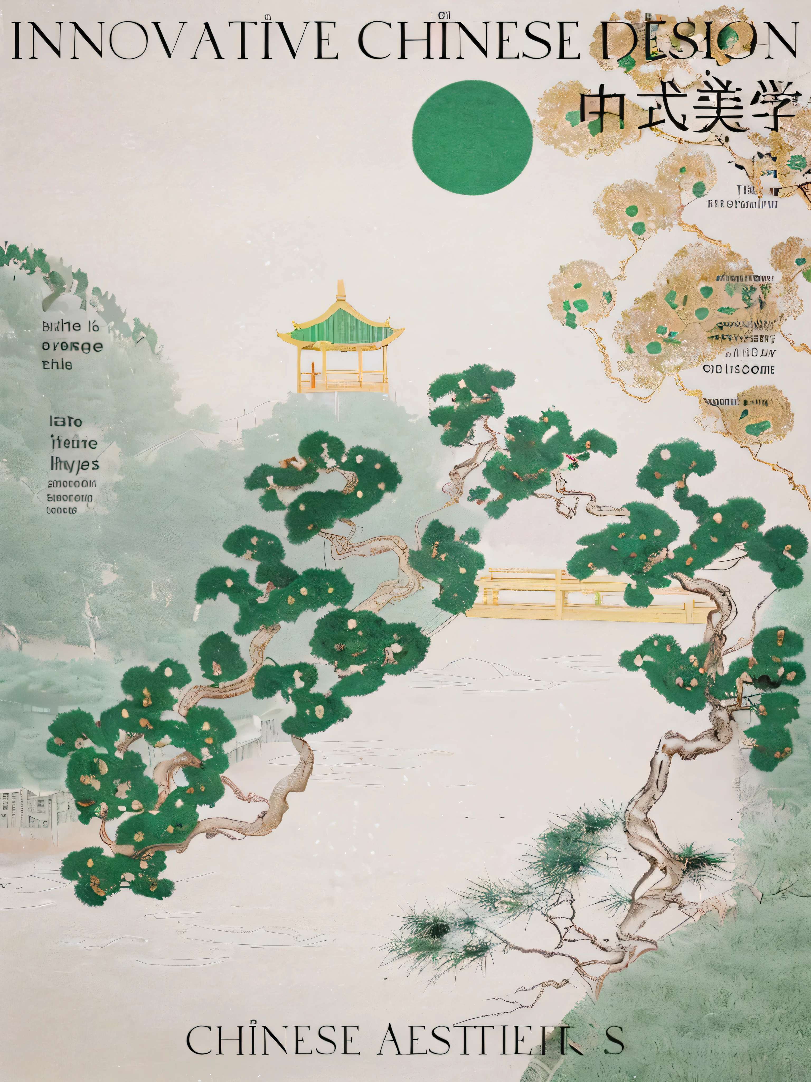 Chinese aesthetics,The scenery on the shore,pines,pavilion,Small bridge and flowing water,green tint,Ultra-clear,There is atmosphere