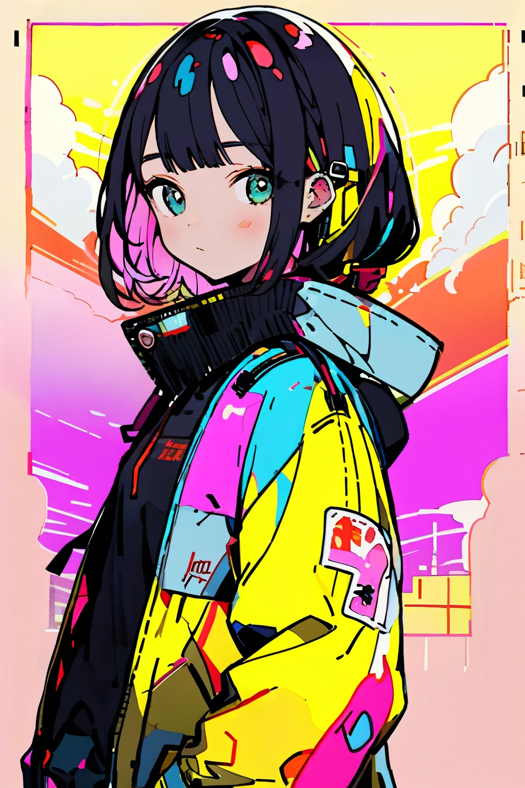 masterpiece, top-quality, 1girl in, City Pop, natta, Look at another one, The upper part of the body, vector illustrations, jaket, 浅笑, bluntbangs, length hair, lofi art, long straight hair style,
no background