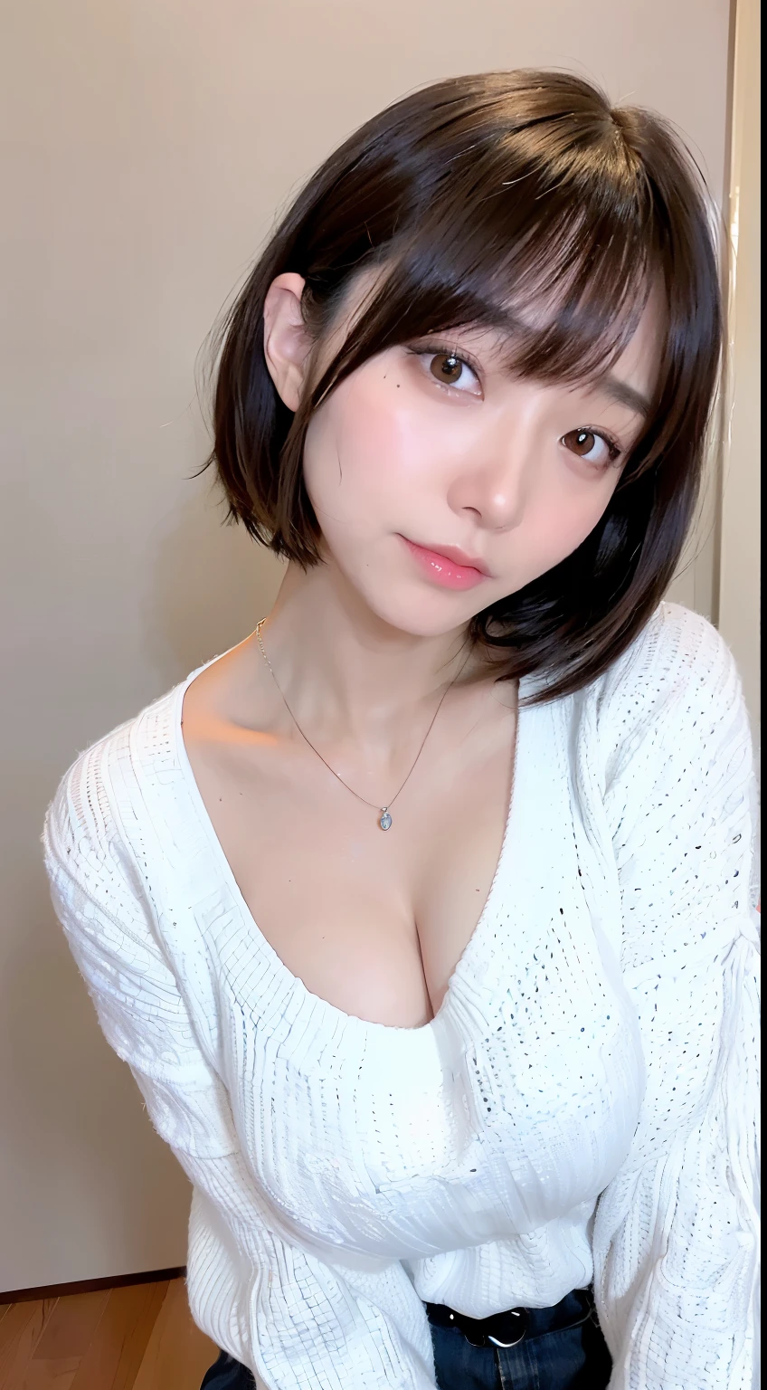 (highest quality、8K、32K、masterpiece、Photoreal:1.4、nffsw:1.2)、photo of cute japanese woman、big breasts:1.4、very short bobbed hair、Upper body、surface focus、extra large size_sweater、necklace、simple background、From above、looking at the viewer、cleavage:1.5、balanced body