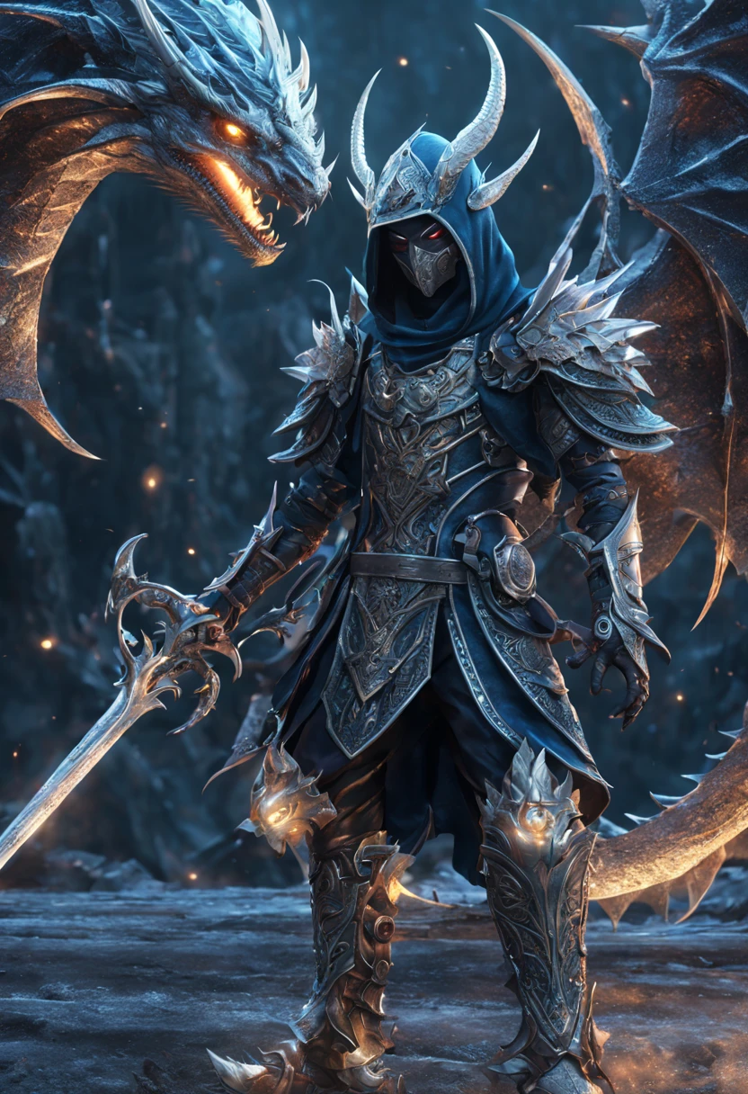 standing near a dragon is a gorgeous anime Half elf rogue male thai model with a black and deep blue hood outfit, highly detailed steampunk, eterochrome blue eyes, scars on the cheek Cyber eyes dark elf fighting a huge elven saddled armored dragon, dark demonic environment, highly detailed, unreal engine 5, battle field standing