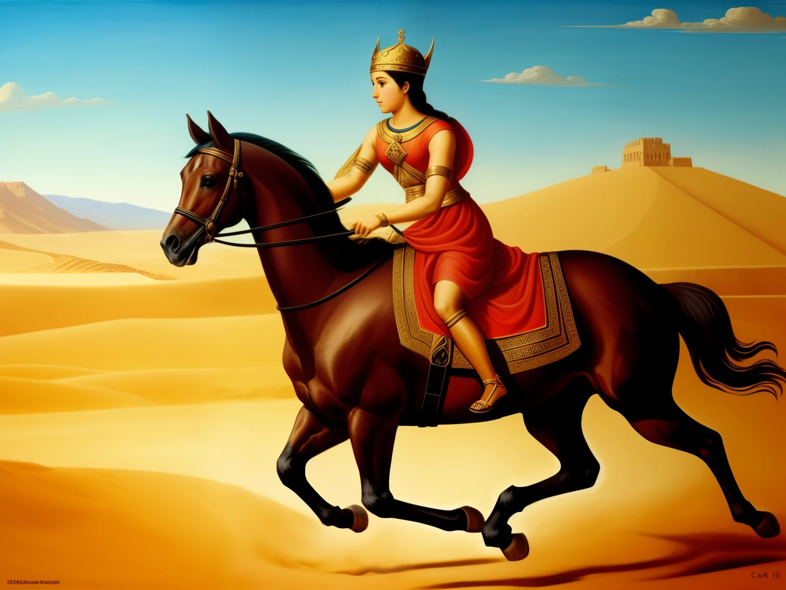 A young Babylonian queen galloping on a horse