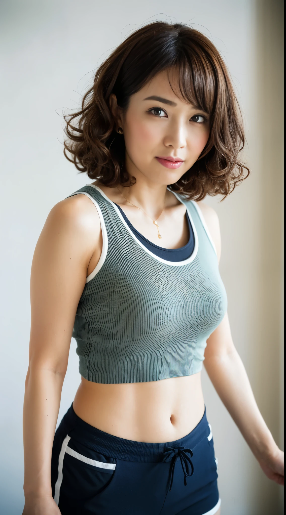 ((Best quality, 8K, Masterpiece, Portrait: 1.3)), (View viewers), Photorealism, Sharp focus, Solo, ((middle shot)), Japan Beauty,Wavy hair, ((Big breasts:1)), 30 years old, curlies, swetty tanktop, very short sports pants, standing on your feet:1.2, ((looking at the viewer))