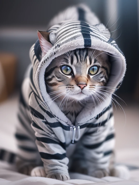 Create an image of a silver tabby cat wearing a hoodie. The cat should have distinctive silver fur with dark stripes, and the hoodie should be a stylish and comfortable fit. Please make sure to capture the playful and mischievous nature of the cat in the image as well."