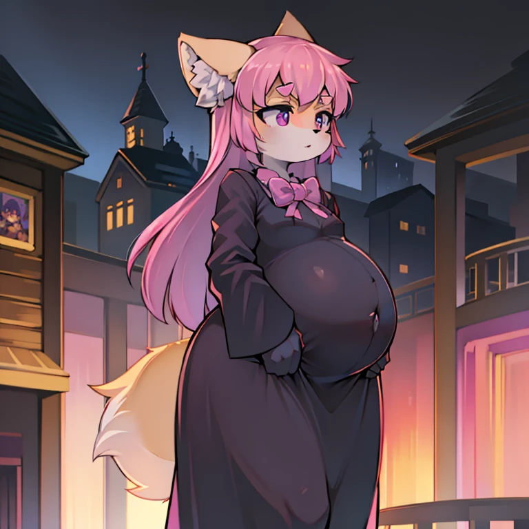 alone, Kanno, woman, pink hair, purple eyes, Wear purple bow tie, Wear a white long-sleeved shirt, Wear a black dress, Standing in a theme park, theme park background, DAY TIME，robe，antiquity，pregnant belly，hairy，fox