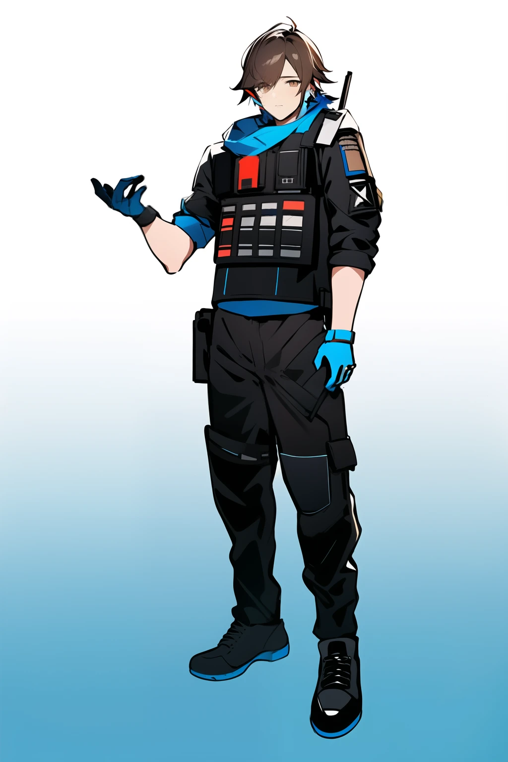 [(NO BACKGROUND:1.5),::5] (WHITE BACKGROUND:1.5), [(Arknights:1.5)::,5] (Tactical Uniform:1.5), (Handsome:1.5), [(Arknights Style:1.5),::5] standing, full body, (1boy, 1 boy, boy, male, one boy, one male:1.5), solo, masterpiece, highres, 4k, high quality, digital art, sparkling eyes, (Dark blue uniform:1.4), Uniform, (blue style:1.4), (line:1.2), (brown hair:1.3), (shoes:1.5), (gloves:1.3), (detailed:1.4), short hair, (Arknights operator:1.4)