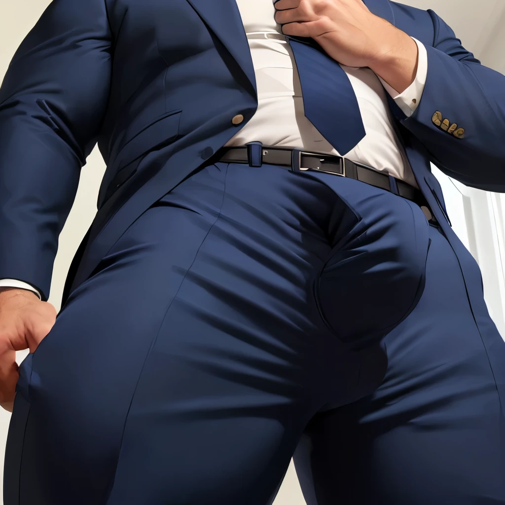 (highest quality:1.5), (masterpiece:1.5), (large private office:1.2), white wall, skyscraper, (Japanese:1.2), hot guy, solo, navy blue suit, Navy blue tie, navy blue business trousers, male, (macho:1.3), (huge body:1.2), 38 years old, Are standing, (close-up crotch:1.1), (The crotch bulges a lot:1.8)