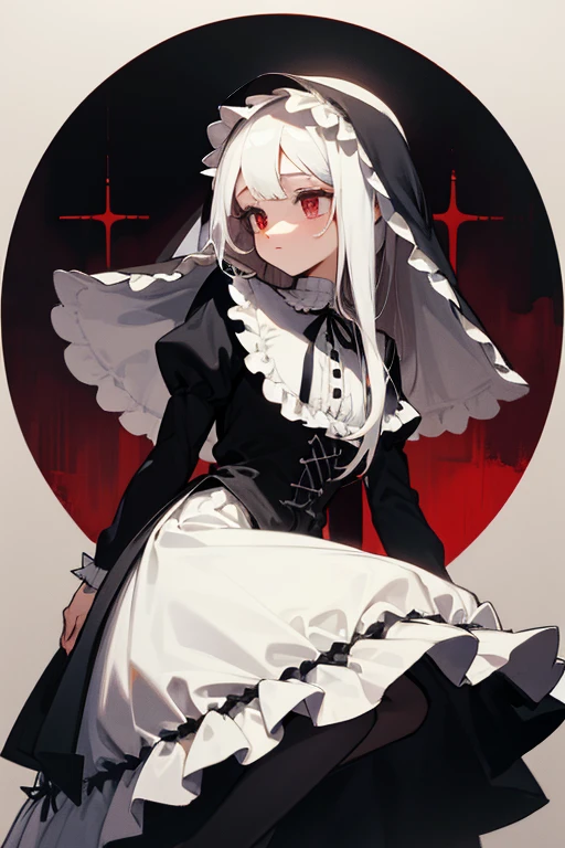 Nun.Gothic.lolita.dress. Veils.whole body. From head to toe.white straight hair. black and white.lolita.Frills.fancy.short skirt.crucifixion.red ruby.whole body.cute