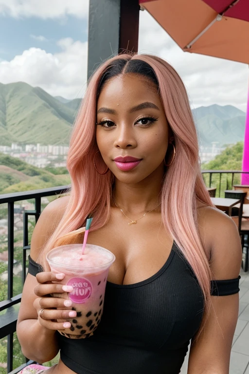 ((best quality)), ((masterpiece)), (detailed), perfect face, black woman with long pink and blonde hair down on her shoulders, curvy and fit physique, pink lipstick, full body, holding a cup of bubble tea in a boba cafe with a scenic landscape in the background