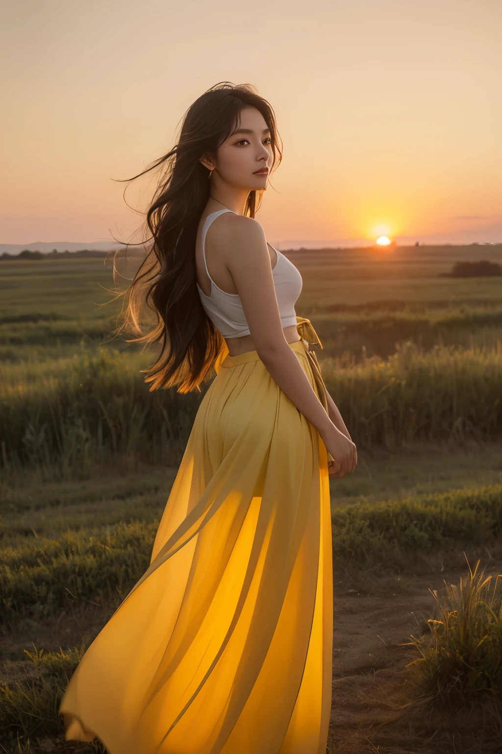This is a photographic work，In the vast prairie scenery，A beautiful Asian lady bathes in the warm golden sunset。shining，serenity and calm，She has long wavy black hair，Wearing a flowing long skirt，Dancing in the sunset