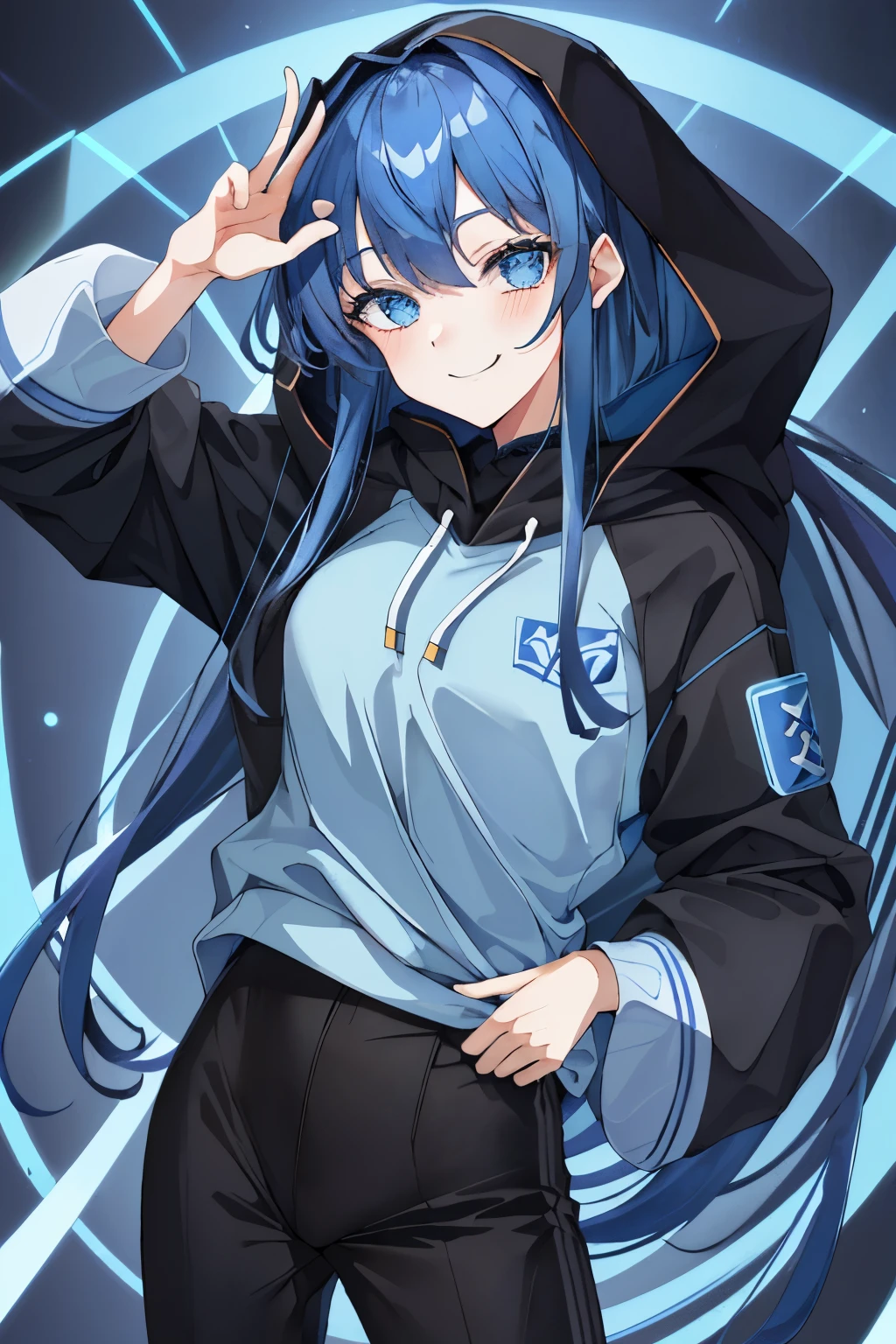 Vtuber、Standing picture、whole body、light blue、black long hair、cyber-、big breasts、Stand up straight、front、lovely、Jersey Clothing、黒とlight blueの服、wearing a hood、smile、Cool face、Pants Style、黒とlight blueのジャージ、cyber-