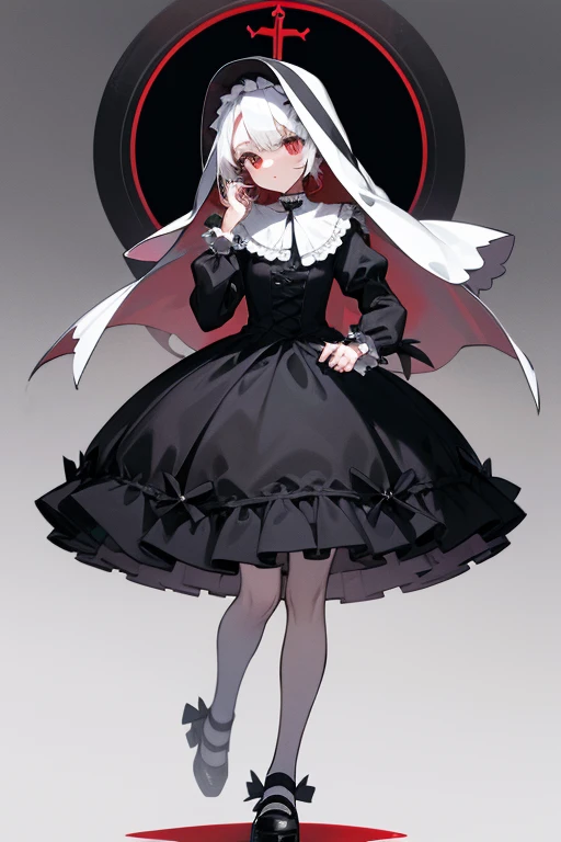 Nun.Gothic.ta.dress. Veils.whole body. From head to toe.white straight hair. black and white.lolirills.fancy.short skirt.crucifixion.red ruby.whole body.cute.short skirt