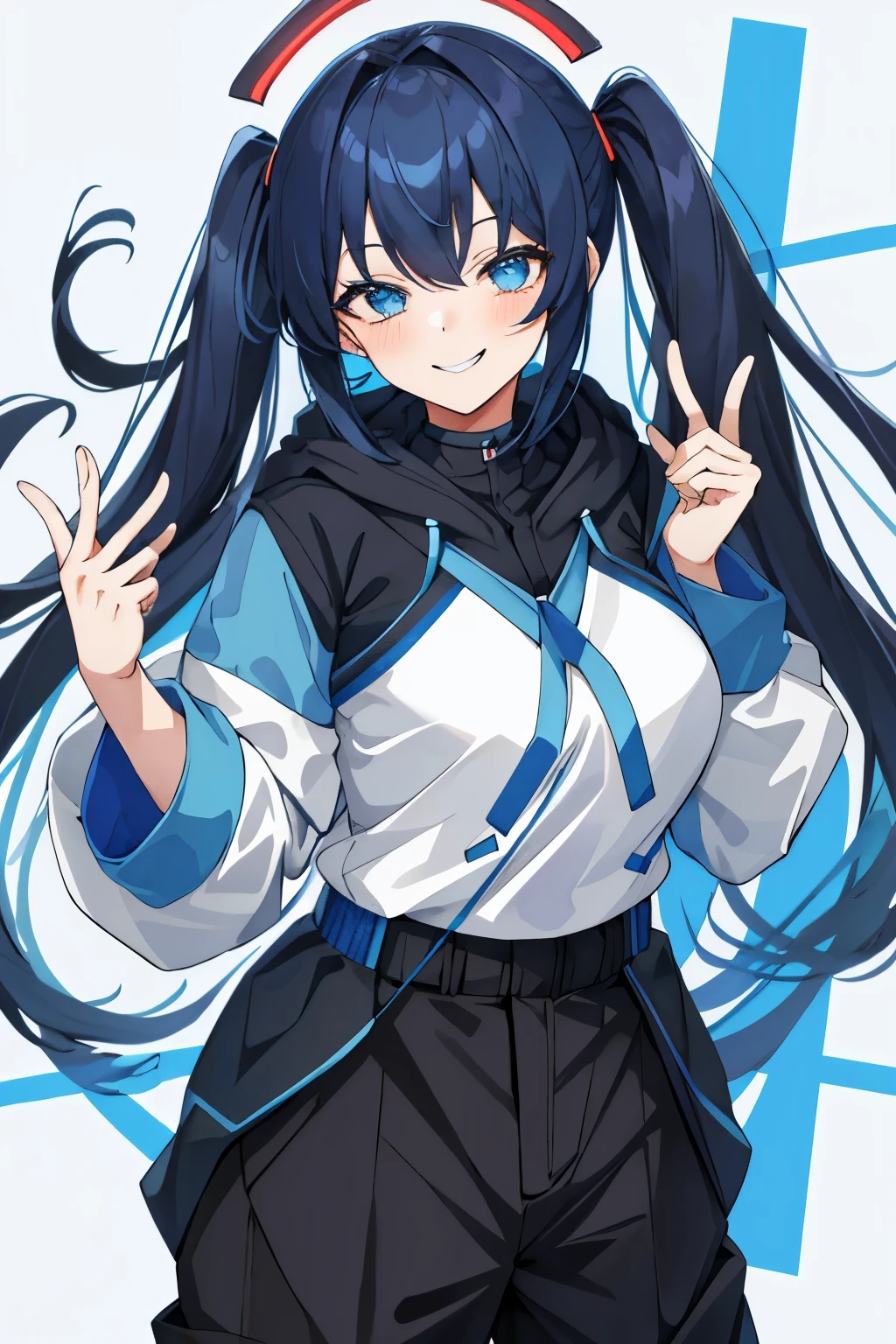 Vtuber、Standing picture、whole body、light blue、black long hair、cyber-、big breasts、Stand up straight、front、lovely、Jersey Clothing、黒とlight blueの服、wearing a hood、smile、Cool face、Pants Style、黒とlight blueのジャージ、cyber-