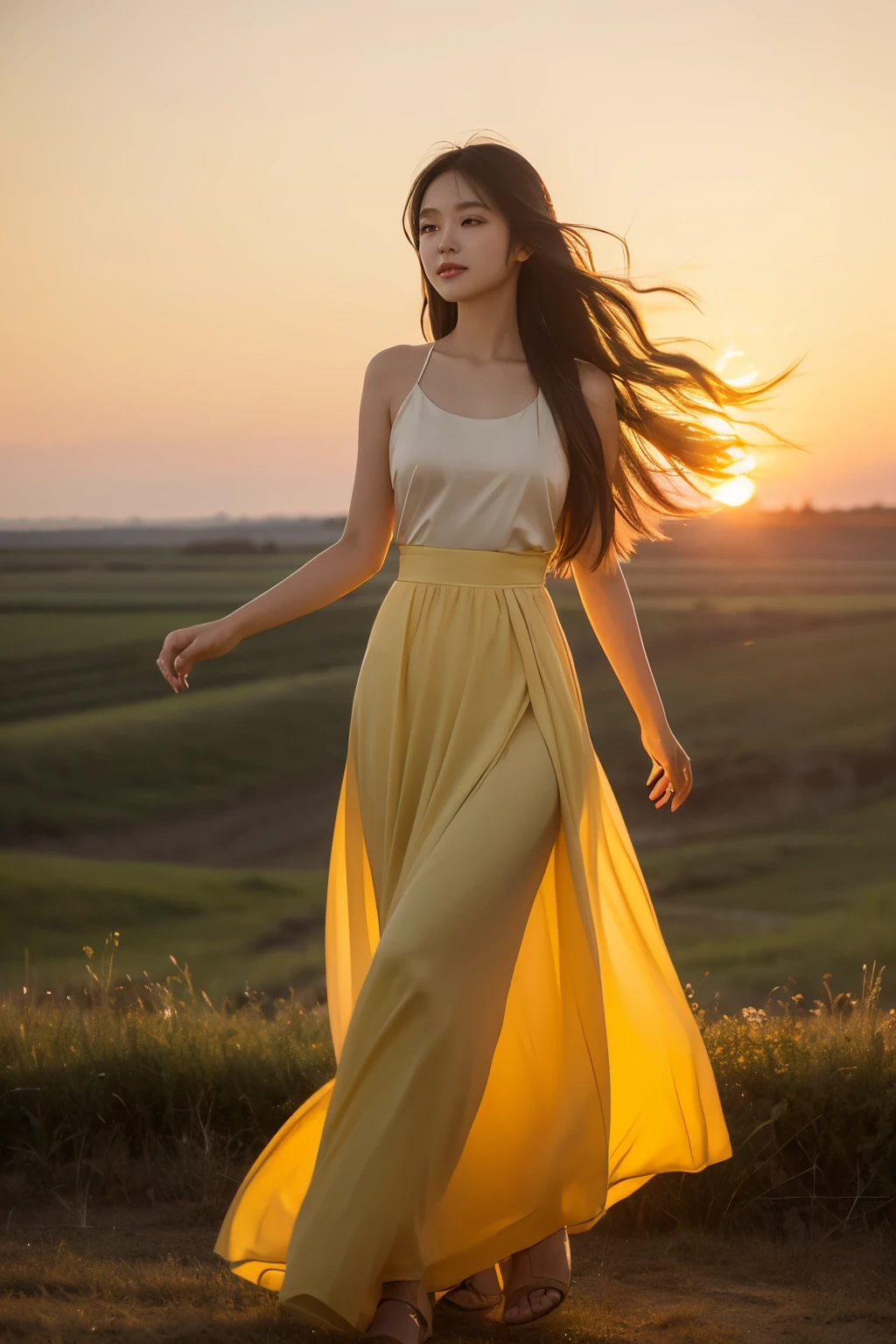 This is a photographic work,In the vast prairie scenery,A beautiful Asian lady bathes in the warm golden sunset。shining,serenity and calm,She has long wavy black hair,Wearing a flowing long skirt,Dancing in the sunset