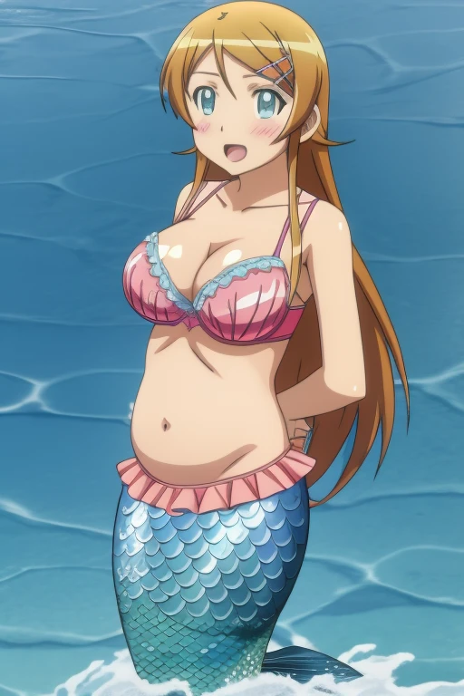 kousaka kirino, hairclip, hair ornament, 8k, masterpiece, absurdres, anime, bra, mermaid, belly, water, full body,