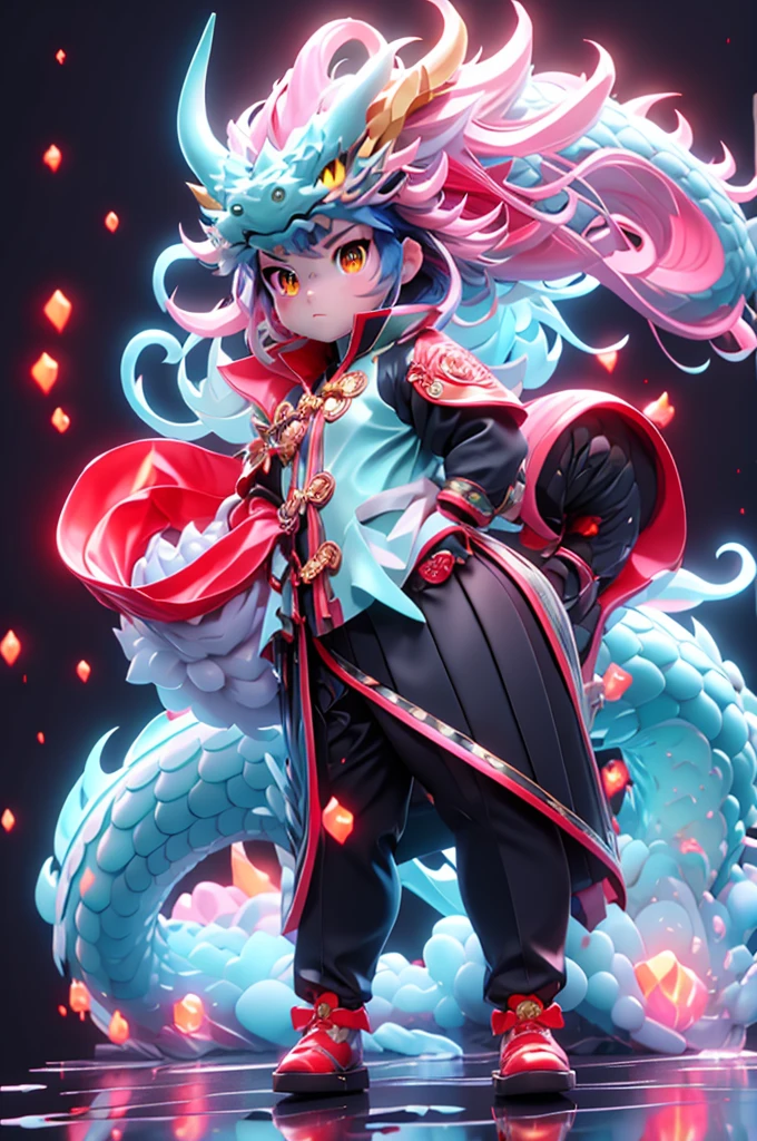 masterpiece,best quality,blue crystal sparkle dragon,in the style of kawacy,shining eyes,(：1.2),(:1.2),pink hair,yellow eyes, (red jacket),high ponytail,white collar shirt,hair flower,flipping hair,flowing hair,frown,hands in pockets,black skirt,red bow tie,(alone),faucet