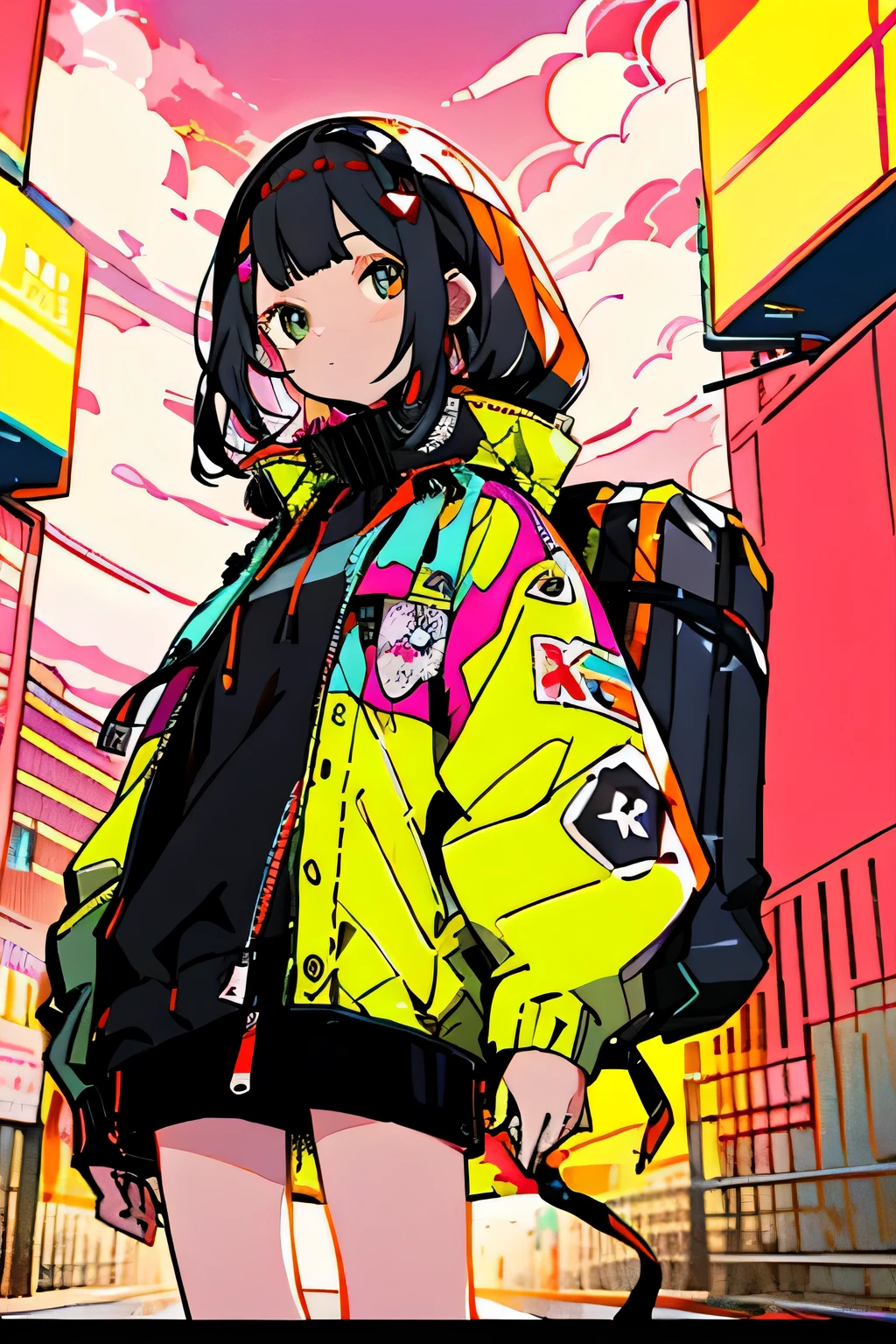 masterpiece, highest quality, 1 girl, no background, night, Look at another one, Upper body, vector illustrations, Jacket, light smile, dull bangs, hair length, Lofiato, Long straight hairstyles