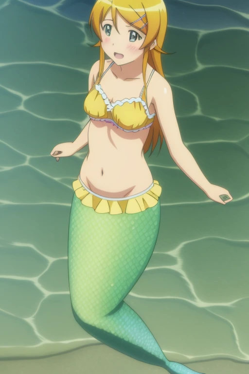 kousaka kirino, hairclip, hair ornament, 8k, masterpiece, absurdres, anime, yellow bra, mermaid, belly, water, full body,