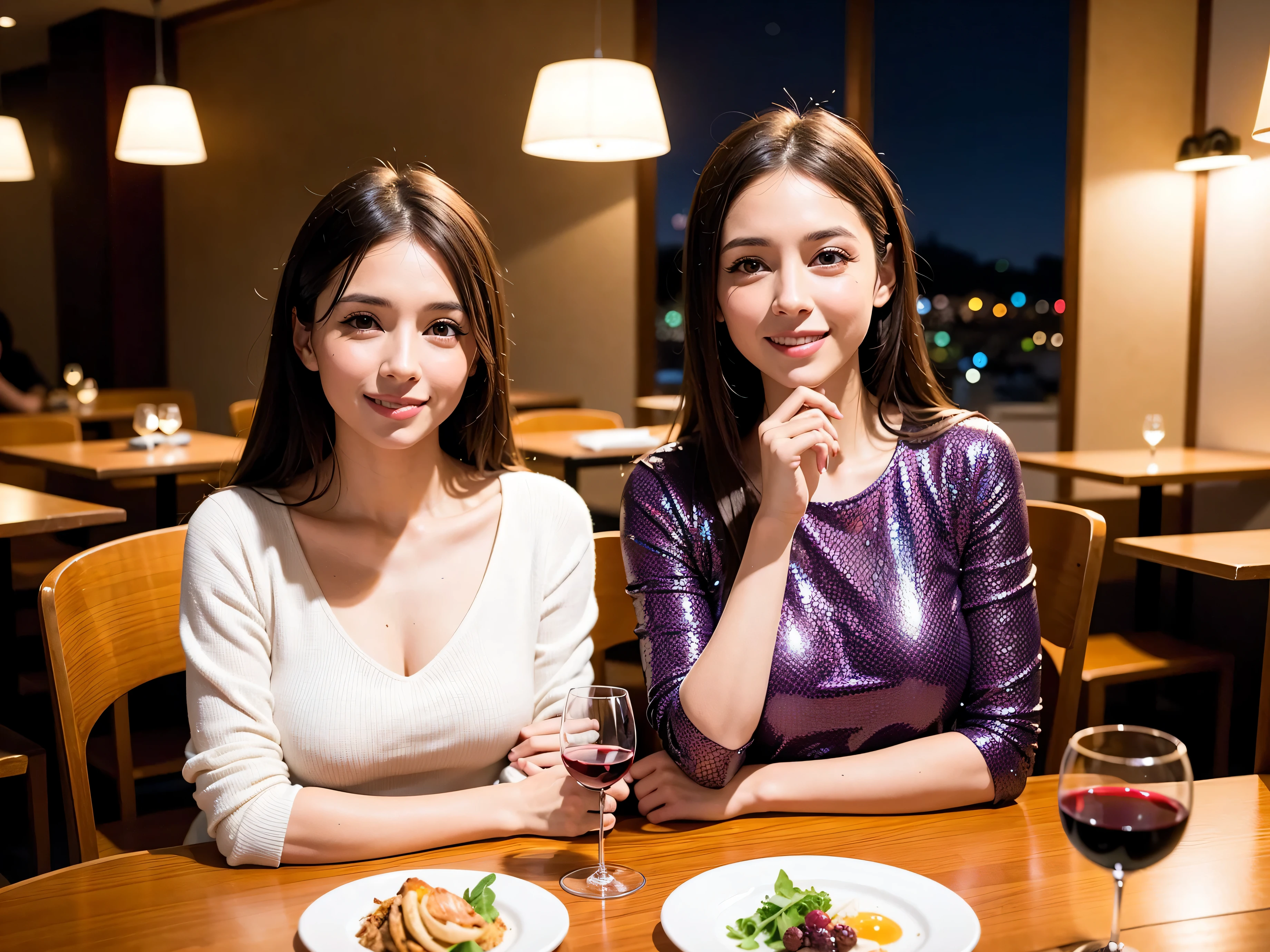 (including 64k, nffsw, highest quality, table top: 1.2), (realistic, photorealistic: 1.37), long sleeve shirt、winter fashion、Colombia、Brazilian、Japanese、Dutch、German、Portuguese、Belgian、Italian、french, (slimフェイス), (slimボティ), (brown hair), (shortcut), cheeks blush a little, (35 years old), 38 years old, alone, 窓の外には美しく緻密なnight景が広がります., restaurant, wine glassが座っている, nightに, in a prominent place (from the Upper body) nova frog style, actress, model, Upper body, White wine, slim, wine glass, Super Clean night View, wine glass Put in the Middle, Happy smile, (smile: 1.15), beautiful and detailed eyes, Upper body, bust japan up, night, short, short, actress, model, Upper body, White wine, slim, wine glass, Super Clean night View, wine glass Put in the Middle, Happy smile,
