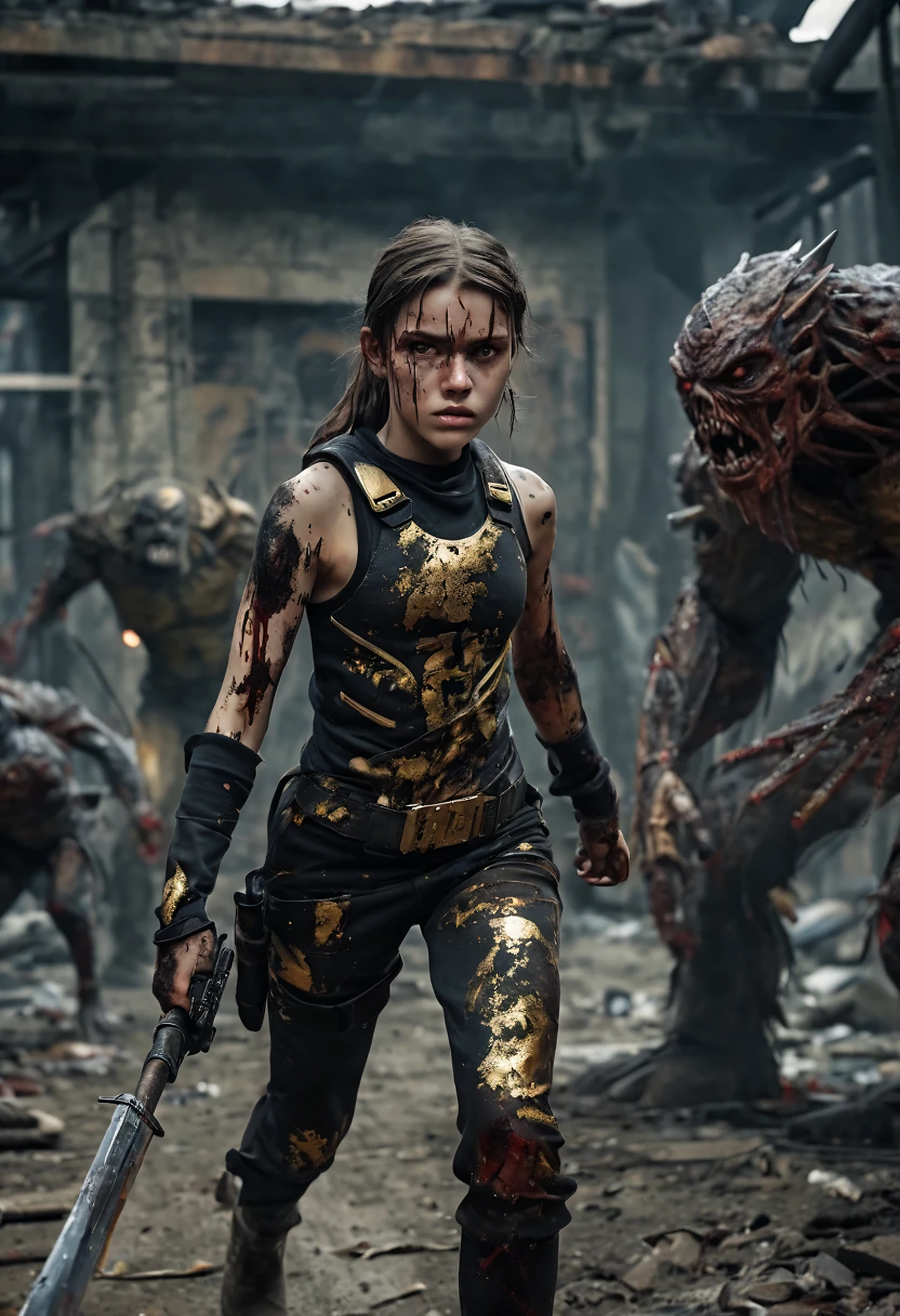 A close up fight scene. A lone female vaultgirl warrior, is surrounded by male mutant monsters and is fighting for her life inside apocalyptic ruins. The monsters are her enemies and are (dark grey) human-mutants with oversized highly veined muscles and rotting flesh and clothes. The 13 year oldis fighting with her gun and spear. She is a Girl warrior with Runic tattoos, 13 years old, SLIM, , long legs short torso type body, ((dirty face Blood splattered)), (wearing full heavy Vaultgirl black and gold vaultsuit, combat harness,), Sci fi move scene. Professionally color graded, professional photography, well drawn, masterpiece, hyper realistic, ultra detailed, high quality, best quality, 4k, 8k, hi resolution