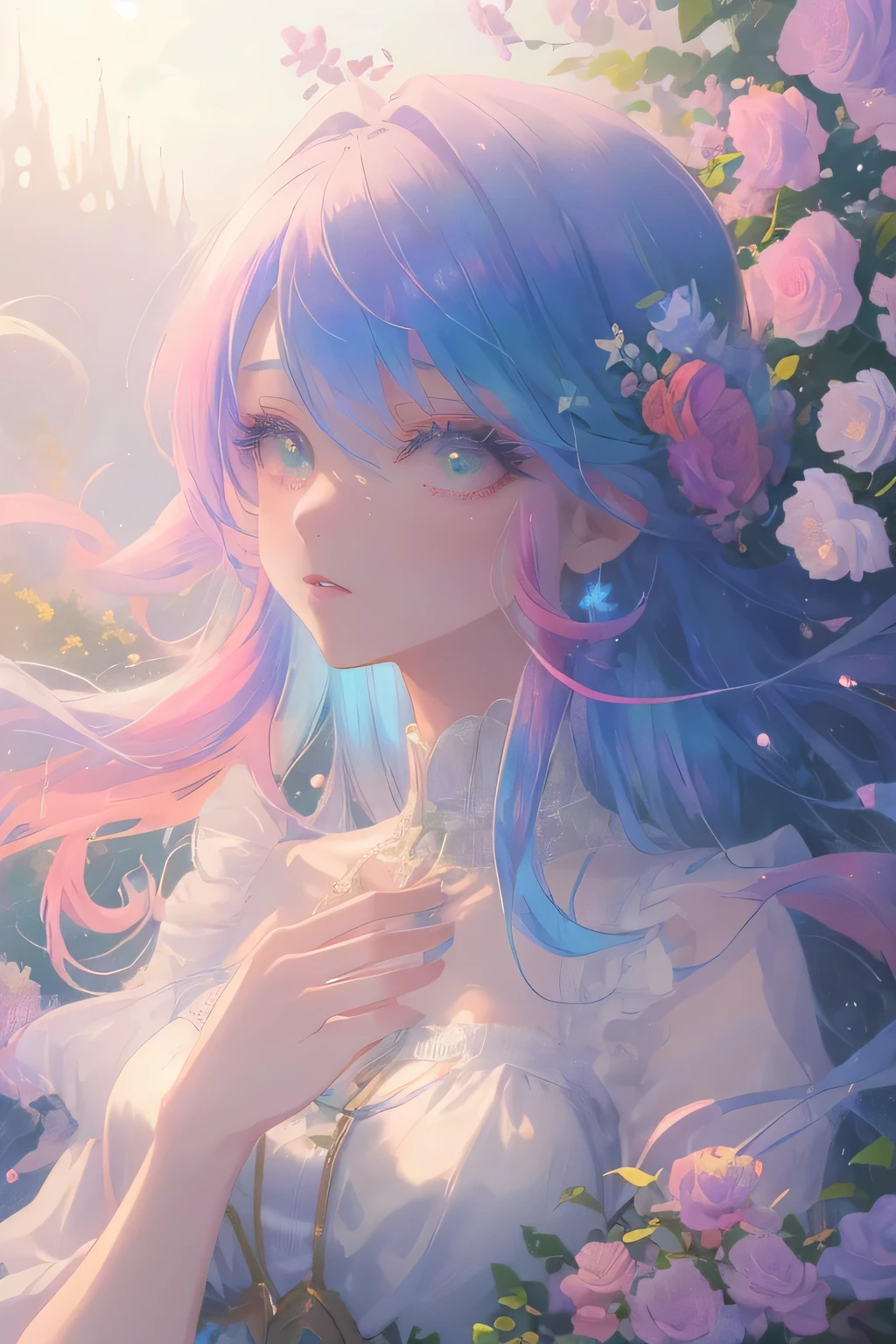 (high quality, 8K), (soft light:1.2), (rainbow colored hair、colorful hair、half blue and half pink hair:1.2), rainbow color, one girl, detailed face, fine eyes, watercolor painting, so magical and dreamy, dreamy and detailed, Gorgeous atmosphere, Beautiful dreamy lighting, dreamy atmosphere, beautiful atmosphere, Dreamy Romantic, Ethereal dreamy theme, magical atmosphere, beautiful atmosphere, Anime background art, magical atmosphere + table top, dreamy aesthetics, Beautiful details with atmosphere, lots of flowers, flower garden, landscape, palace, whole body, Simple white dress, Beautiful five-fingered hands
