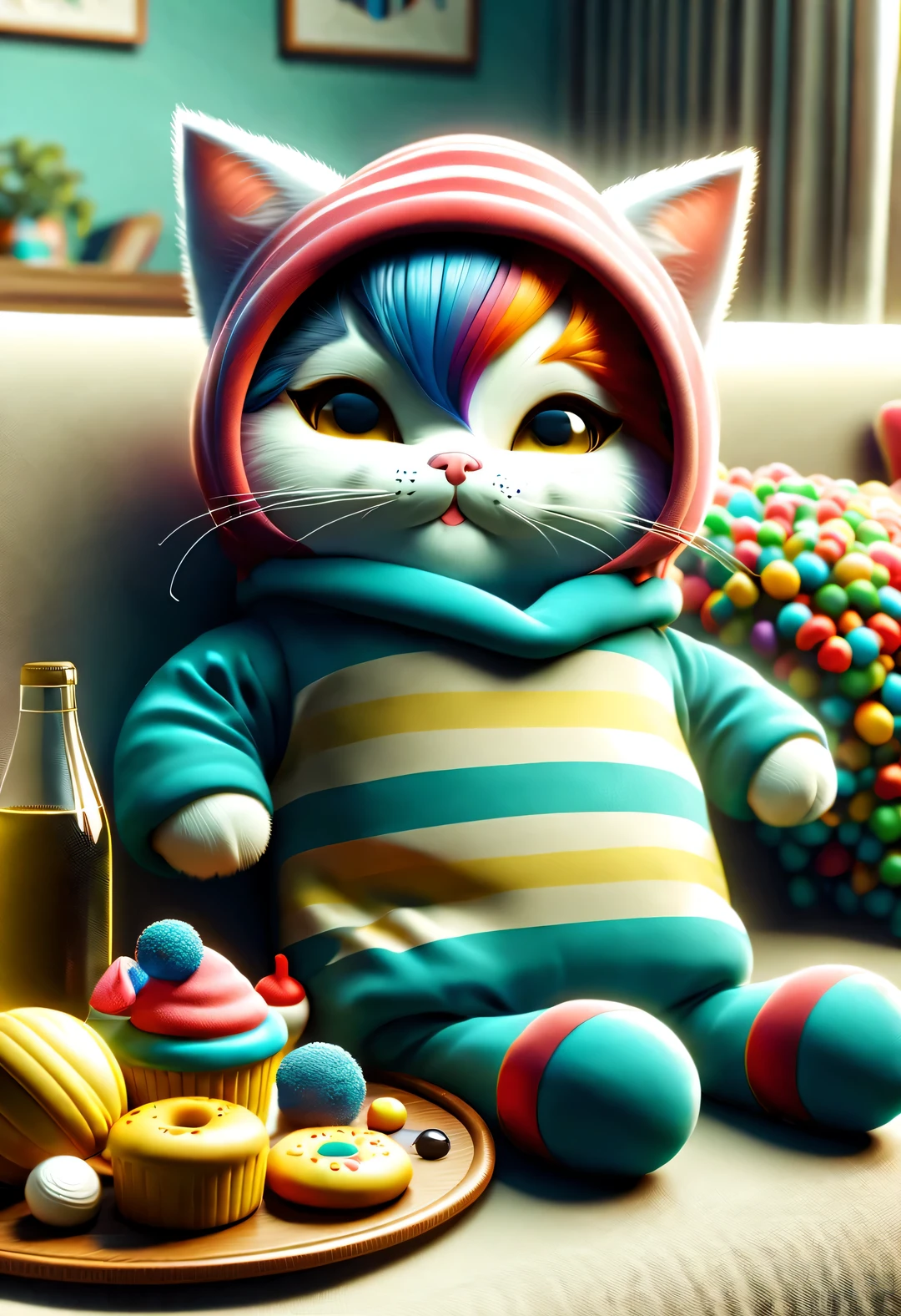 in style of Folk art,(A cute little kitten curled up on the sofa and happily played with the mobile phone),(醉酒of表情:0.9),beauty of details,(Exaggeration of big wine bottle:0.65),(Colored hair or back tattoos,)(穿着嘻哈风格of睡衣,戴着夸张of睡帽)(Apply the mask to your face:0.8),(Large soft and colorful cushions,)There are many snacks and colorful drink bottles on the ground,Details of details, background:Comfort and comfort of living room 3D rendering, cartoon,illustration,Pixar,cartoon,ultra high definition,high quality,32k,of