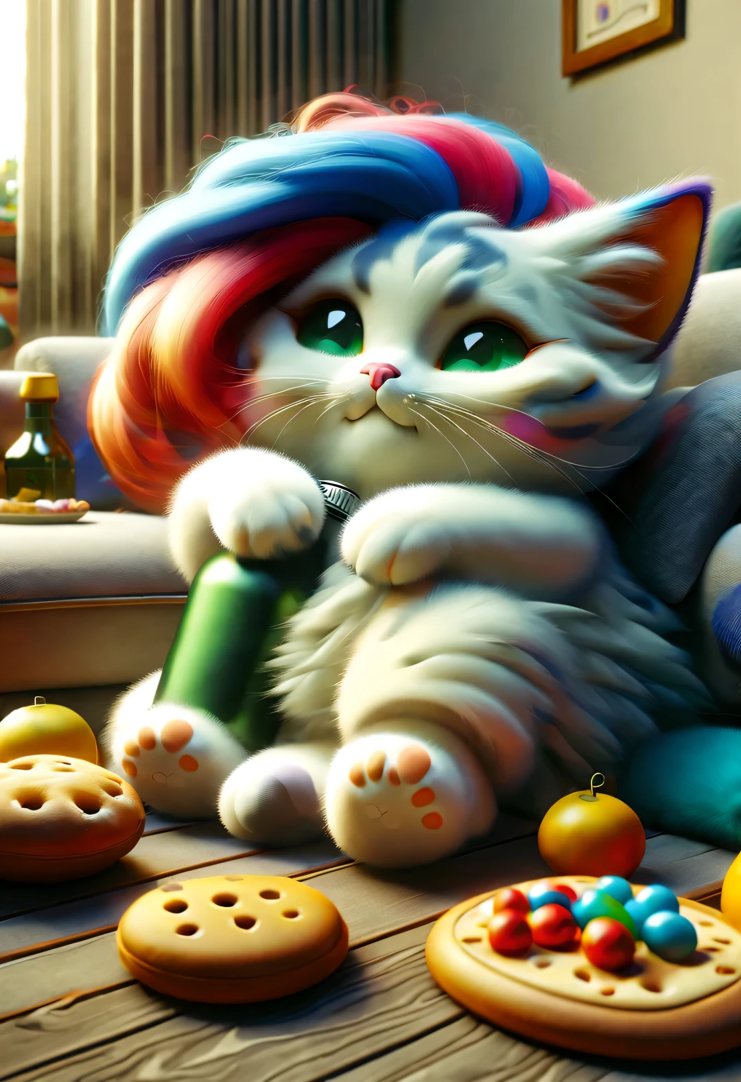 in style of Folk art,(A cute little kitten curled up on the sofa and happily played with the mobile phone),(醉酒of表情:0.9),beauty of details,(Exaggeration of big wine bottle:0.65),(Colored hair or back tattoos,)(穿着嘻哈风格of睡衣,戴着夸张of睡帽)(Apply the mask to your face:0.8),(Large soft and colorful cushions,)There are many snacks and colorful drink bottles on the ground,Details of details, background:Comfort and comfort of living room 3D rendering, cartoon,illustration,Pixar,cartoon,ultra high definition,high quality,32k,of