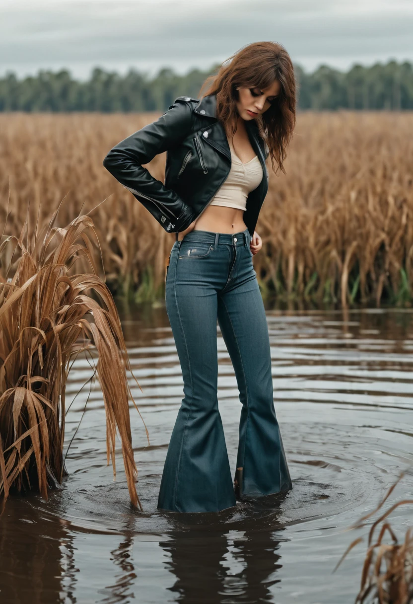 70s setting, shy woman in soaking wet high waisted flared jeans and leather jacket sensually indulging in fetish while drowning in swamp