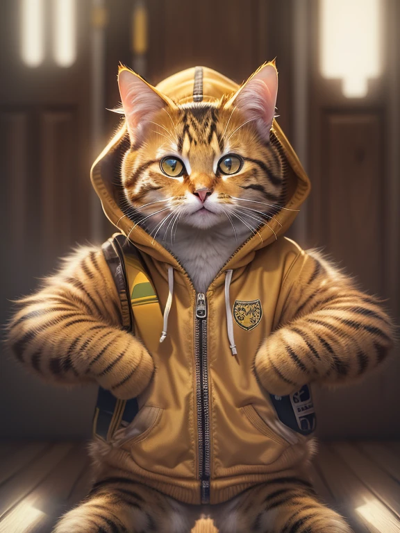 Create an image of a gold tabby cat wearing a hoodie. The cat should have distinctive silver fur with dark stripes, and the hoodie should be a stylish and comfortable fit. Please make sure to capture the playful and mischievous nature of the cat in the image as well."