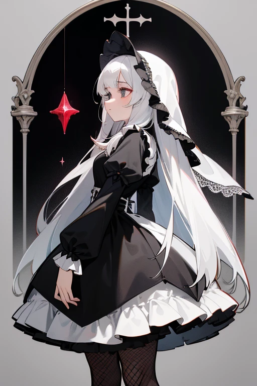 Nun.Gothic.짧은 ta.dress. Veils.whole body. From head to toe.white straight hair. black and white.lolirills.fancy.short skirt.crucifixion.red ruby.whole body.cute.short skirt.Gothic.victorian.fancy.Fishnet stockings.spoken.
