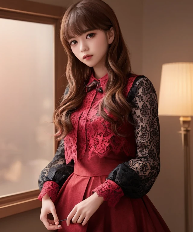 a photo of (saukztf:1.5), looking at viewer, dramatic lighting, looking at viewer, ((masterpiece)), (((bestquality))), ((ultra-detailed)), ((illustration)), ((disheveledhair)), ((lace)), (saukztf), , (solo), dynamicangle, bigtopsleeves, expressionless, cute outfit, sexy outfit, long hair