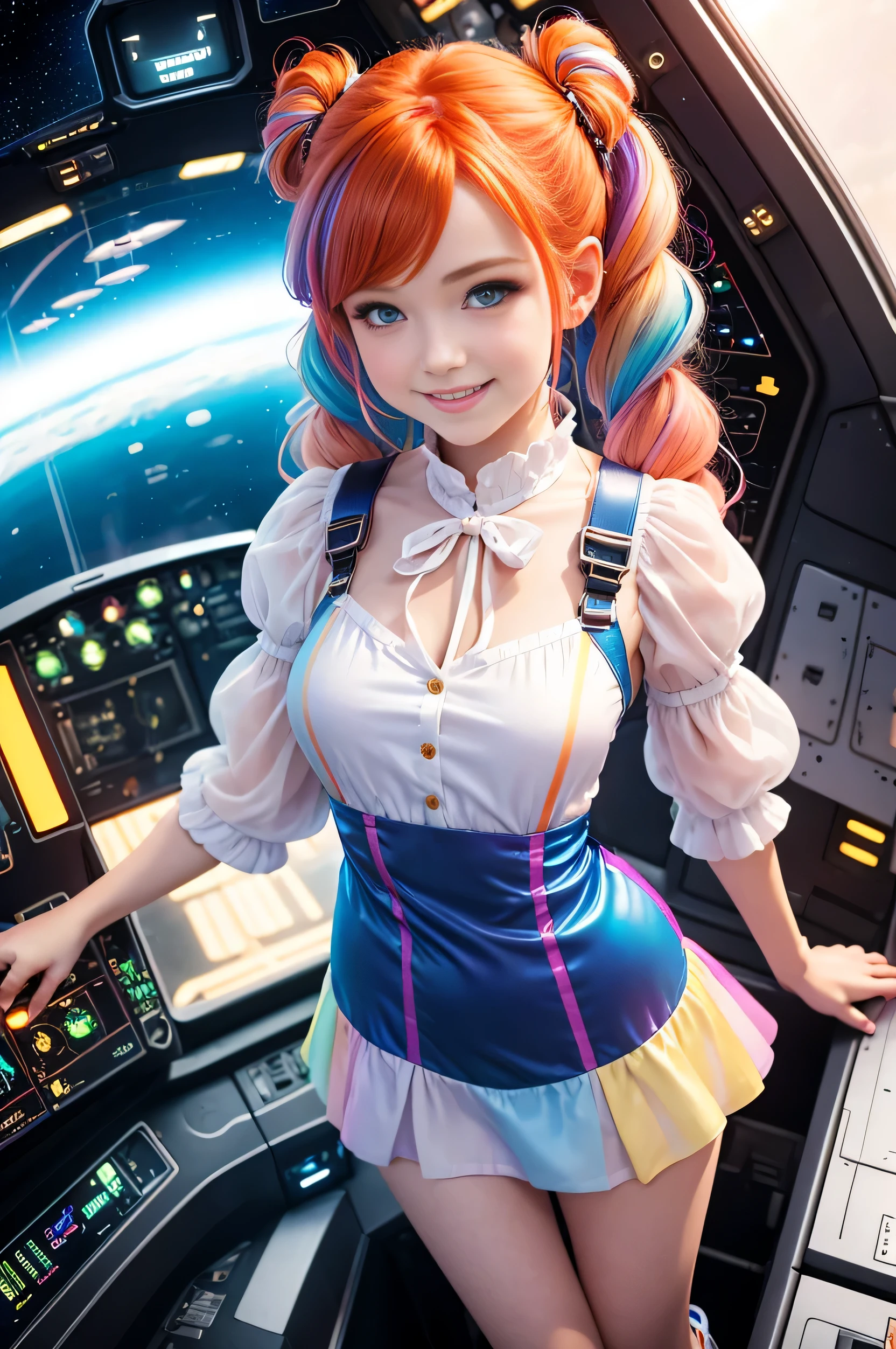 (overhead view) Cute redhead with rainbow colored hair tips, ribbons in her hair, 18-year-old woman, happy, smiling, in twin tails, perfect eyes, clear sparkling blue eyes, pale skin, silky smooth skin, flying a fancy metal luxurious space ship, futuristic cockpit, she's a pilot, outer space, stars in background, dark warm lighting, wearing a futuristic party dress, pleated (chemise) mini dress (pastel rainbow colors, and polka dots), puffy sleeves, silk, wearing full body pantyhose, cute short cut booties, boots.
