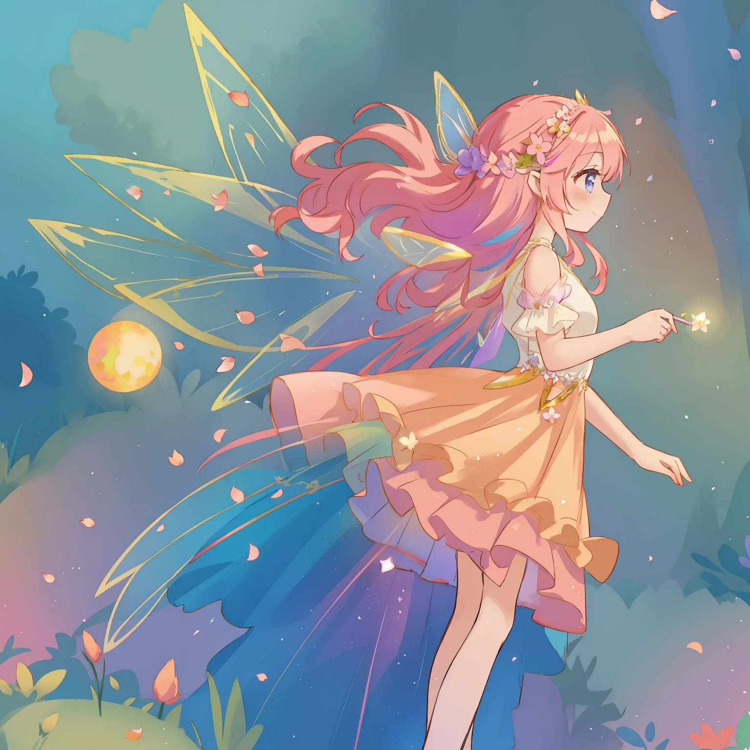 beautiful fairy girl in tiered colorful gradient ballgown dress, gradient sparkling Fairy dress, ((Skirt layered with multi-colored petals)), Fairy dress, queen of the fairies, magical forest background, (Glowing fairy wings), sparkling flowing ball gown, long lavender wavy hair, ((giant shining fairy wings)), Flowers and colorful plants, There's a glowing aura around her, beautiful, masterpiece, highest quality