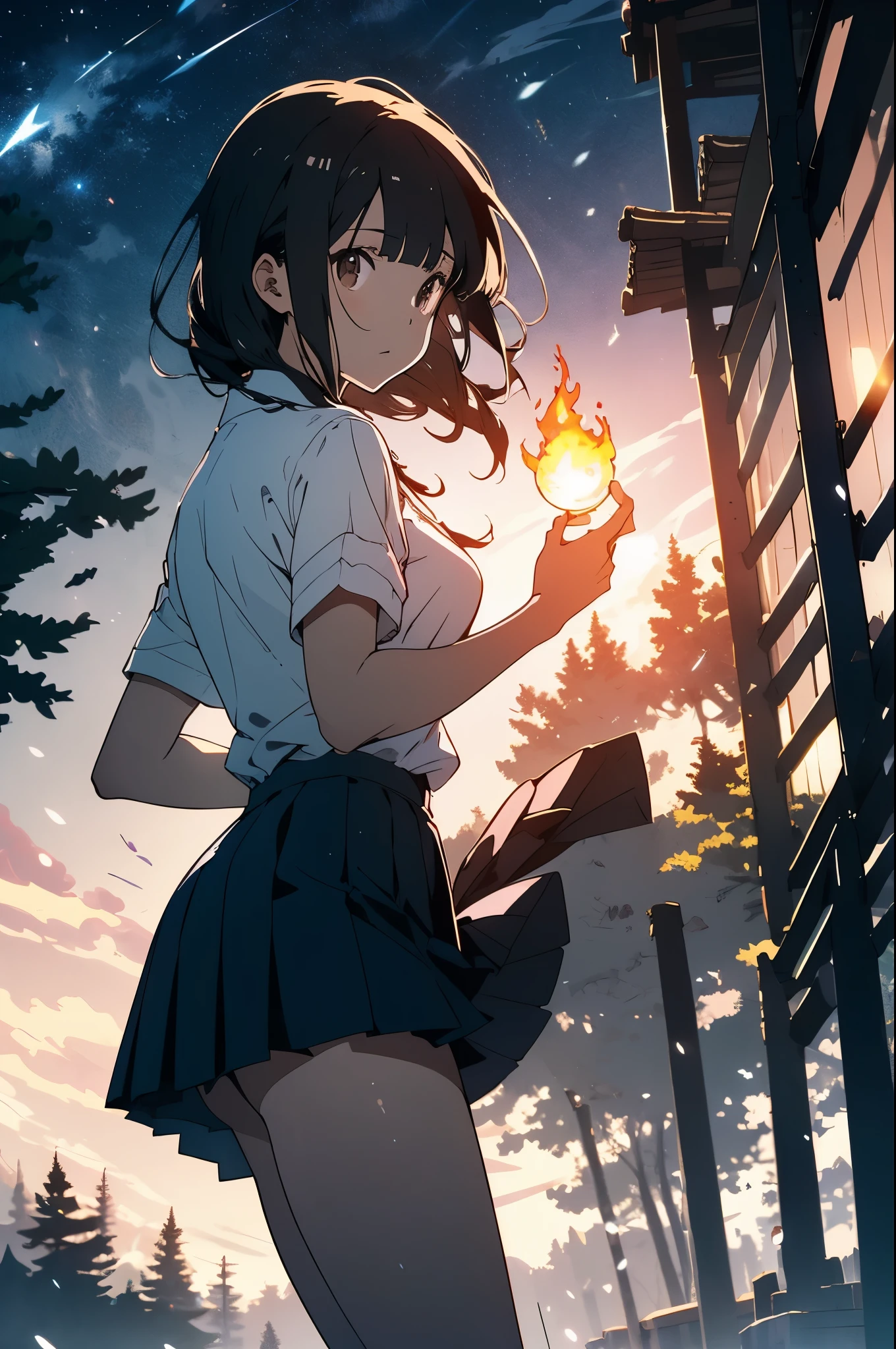 (masterpiece,Best Quality,Detailed beautiful face and eyes:1.2,Perfect Anatomy,beautiful illustrations:1.2,best anime:1.2),(1woman,solo),fighting stance、dynamic pose、(fantasy、wizard、、Raise your right hand and raise your index finger、A ball of flame floats on my fingertips)、25 year old beauty、brown hair、long hair ,blunt bangs,brown eyes,Facial expressions facing battle、,perfect proportion,slender body,skinny,medium breasts,naked,gleaming skin,oliy skin,shiny skin,school clothes、white collar shirt、short sleeve、blue tie、navy pleated skirt、mini skirt、Black High Socks、loafer shoes、dark mountain area、at night、moonlight、forest、