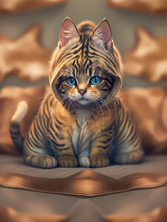 Create an image of a gold tabby cat wearing a hoodie. The cat should have distinctive silver fur with dark stripes, and the hoodie should be a stylish and comfortable fit. Please make sure to capture the playful and mischievous nature of the cat in the image as well."
