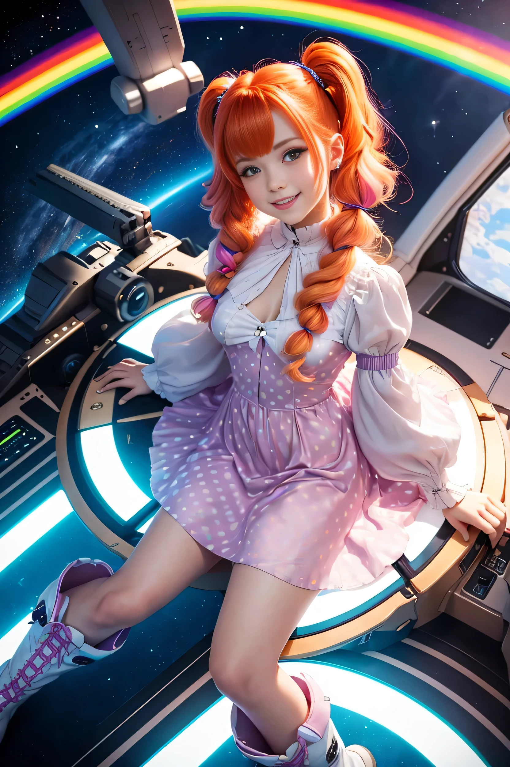 (overhead view) Cute redhead with rainbow colored hair tips, ribbons in her hair, 18-year-old woman, happy, smiling, in twin tails, perfect eyes, clear sparkling blue eyes, pale skin, silky smooth skin, flying a fancy metal luxurious space ship, futuristic cockpit, she's a pilot, outer space seen in windows, dark warm lighting, wearing a futuristic party dress, pleated (chemise) mini dress (pastel rainbow colors, and polka dots), puffy sleeves, silk, pantyhose, cute short cut booties, boots.