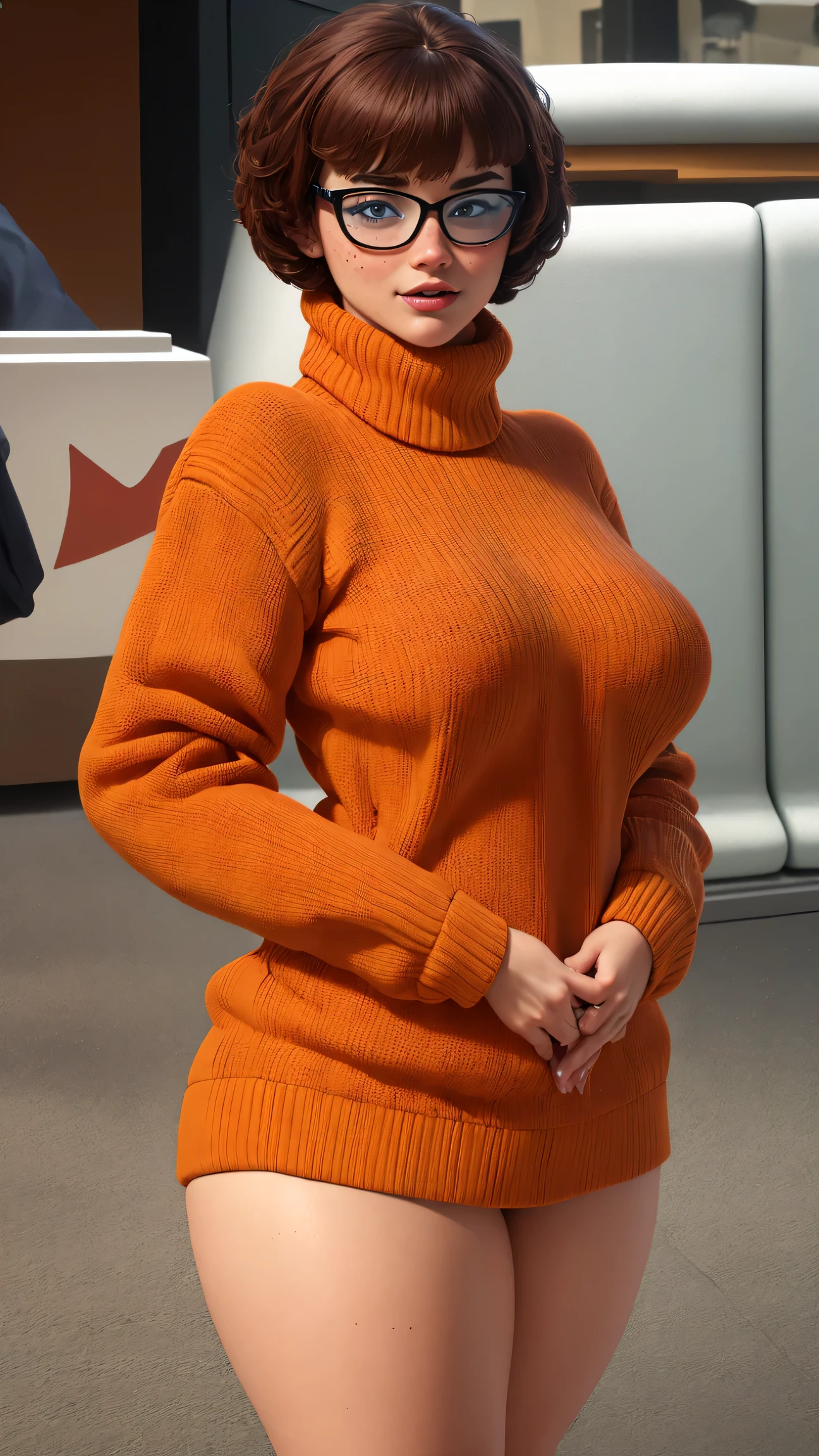 best quality, masterpiece, massive breasts, thicc, 1girl, bangs, brown hair, freckles, glasses, orange sweater, ribbed sweater, short hair, sweater, turtleneck, velma