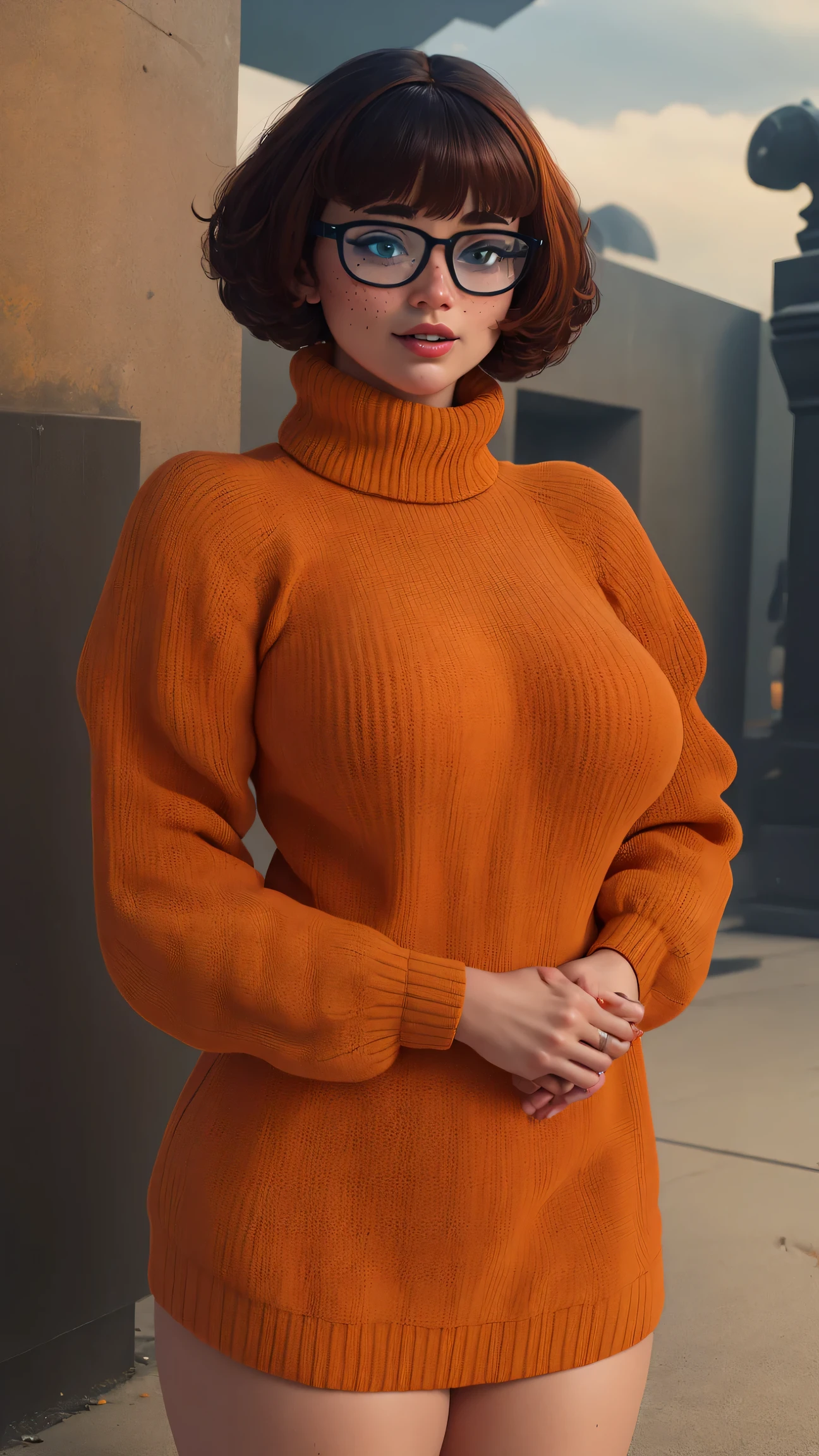 best quality, masterpiece, massive breasts, thicc,  1girl, bangs, brown hair, freckles, glasses, orange sweater, ribbed sweater, short hair, sweater, turtleneck, velma