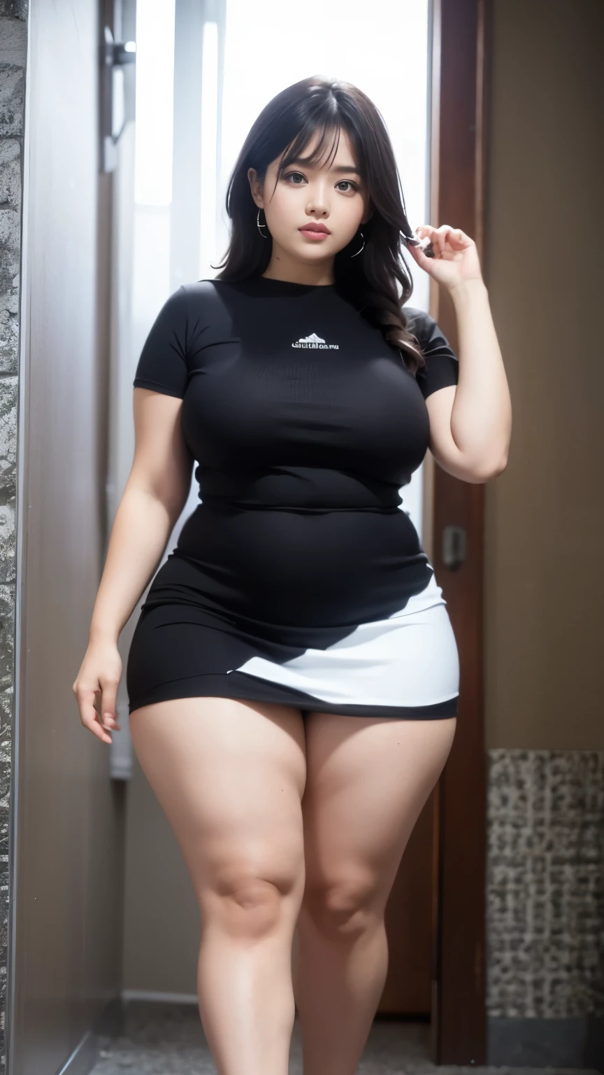 ((best quality)), ((masterpiece)), (detailed), perfect face, wanita chubby dewasa, wearing thight dress and thight skirt, chubby cheeks, chubby arm, chubby thighs, big breasts, wearing a sneakers, medium hair style, full body photoshoot, tattooed body