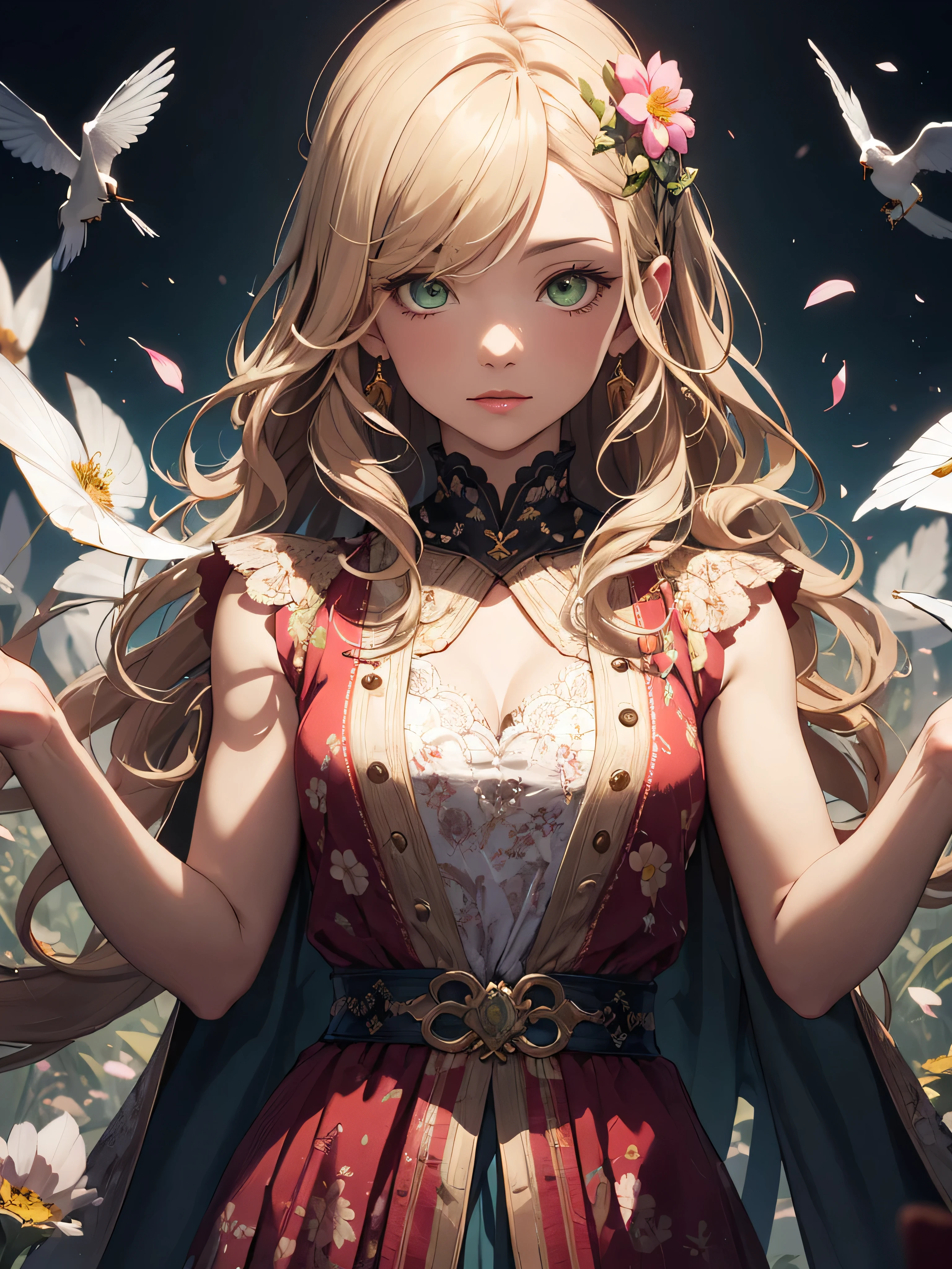 (confused, High resolution, Super detailed), 1 girl, mature woman, wavy blonde hair, long hair, dull bangs, green eyes, pink dress, small eyes and small face, Highly detailed CG Unity 8K wallpaper, intricate details, break , Kaleidoscope image, Symmetrical pattern, bright colors, geometric shapes, Attractive design, optical illusion, dynamic composition break , pantomime art, expressive body language, quiet story, evocative gesture, visual story, theatrical performances break , blooming flowers, colorful petals, fragrant aroma, blessings of nature, vibrant garden, peaceful scenery