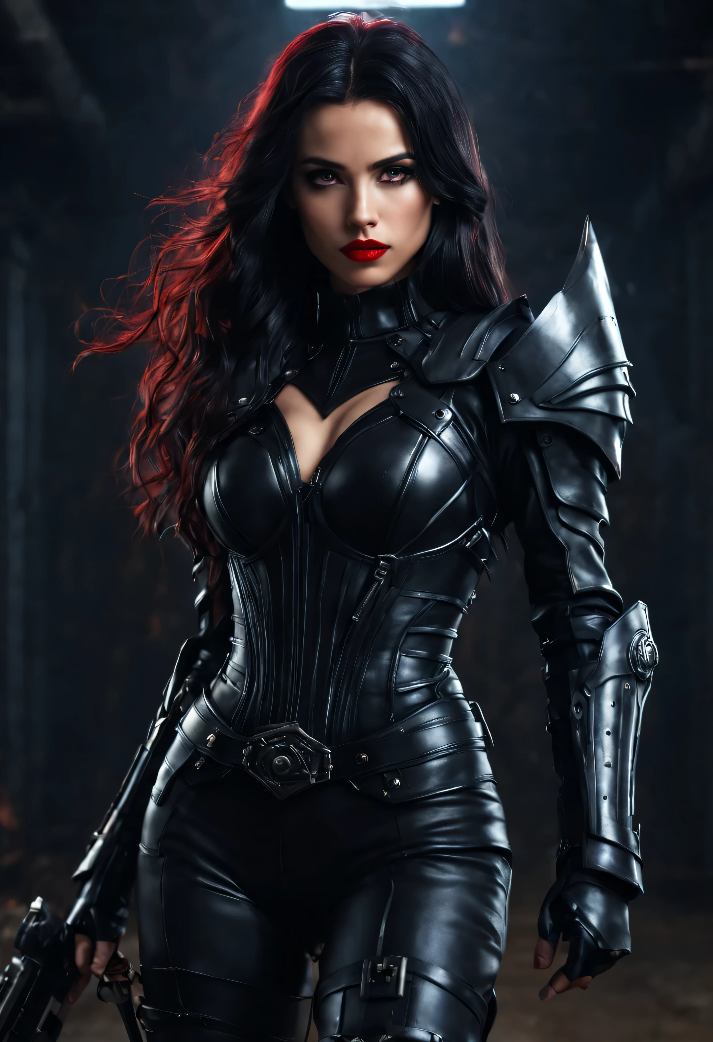 full body Renaissance sci - fi full body dark warrior girl long blck hair black eyes, red lips leather amor 8k UHD