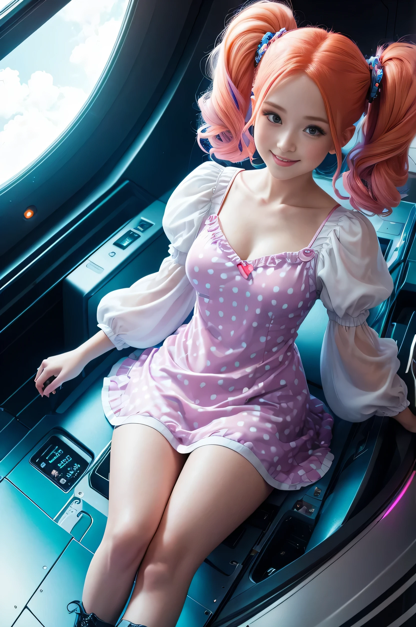 cute redhead 18-year-old woman, happy, in twin tails, perfect blue eyes, pale goth skin, silky smooth skin, cute panties, wearing a pastel purple (sheer) nightgown, frilly nightgown, standing on a space ship.