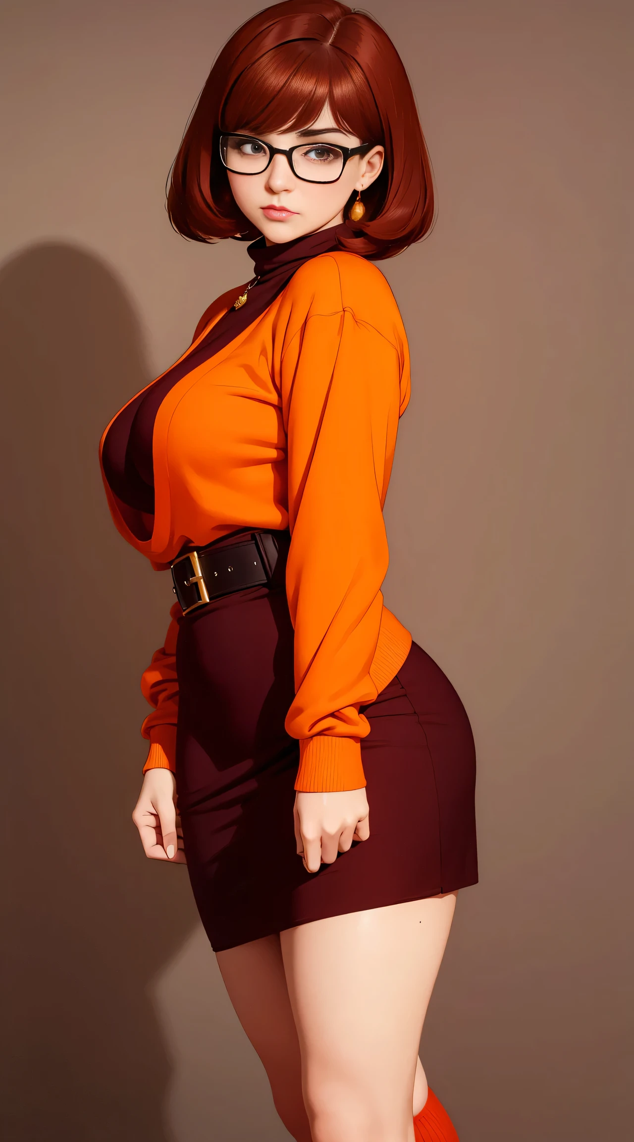 ((masterpiece, best quality, ultra-detailed, ultra-HD, photorealistic, cinematic)), (close-up camera shot:1.2), (sensual pose), (alluring and voluptuous female as Velma Dinkley), perfect anatomy, perfect face, large breasts, proportioned hands, (deep shade of auburn with a slight natural wave hair color, chin-length bob with blunt bangs hairstyle:1.3), (retro-chic style outfit, knee-length and maroon turtleneck dress), (a matching maroon belt that cinches at her waist:1.2), (thick-framed black square glasses), (wears knee-high, mustard-yellow socks that peek out just above her brown, sensible lace-up shoes), (sports a delicate, gold pendant necklace with a small magnifying glass charm), (vibrant orange cardigan slung over her shoulders), ((dynamic background))