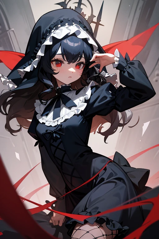 Nun.Gothic.짧은 lolita.dress. Veils.whole body. From head to toe.Navy blue curly wavy hair. black and white.lolita.Frills.fancy.short skirt.crucifixion.red ruby.whole body.dangerous.mature.short skirt.Gothic.victorian.fancy.Fishnet stockings.spoken. From head to toe