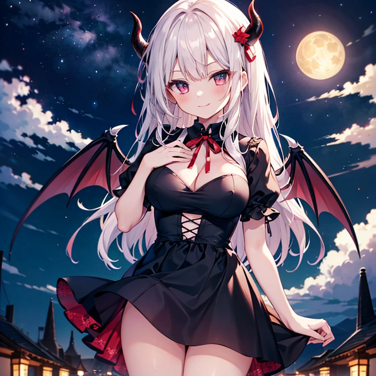 masterpiece, highest quality, be familiar with, 1 girl, alone, night sky, outdoor, full moon, performer, cloud, night,, dark sakura, (black dress), long hair, evil smile, red ribbon, striped, thighs big breasts succubus Left and right devil wings I have my hand on my chest