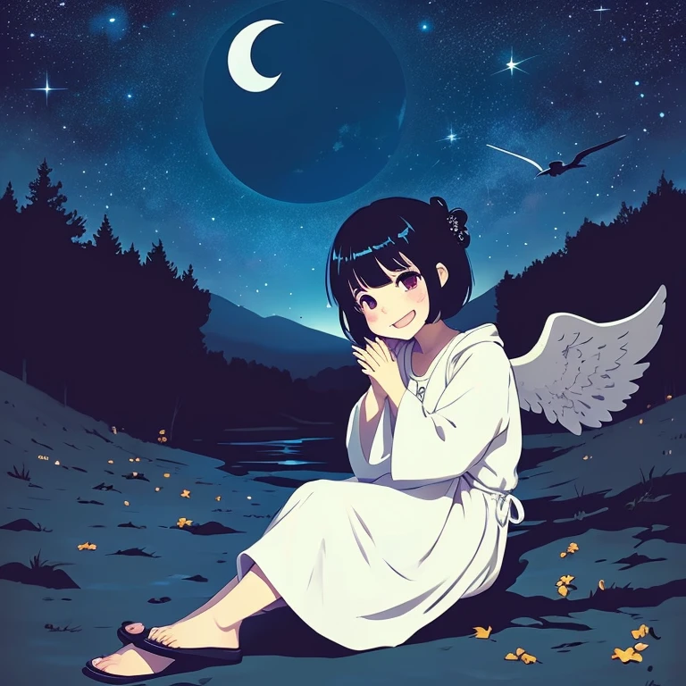 anime illustration、masterpiece、night sky、The crescent moon and stars are shining、A cute angel descends、short hair、peace,happiness