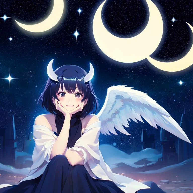 anime illustration、masterpiece、night sky、The crescent moon and stars are shining、A cute angel descends、short hair、peace,happiness