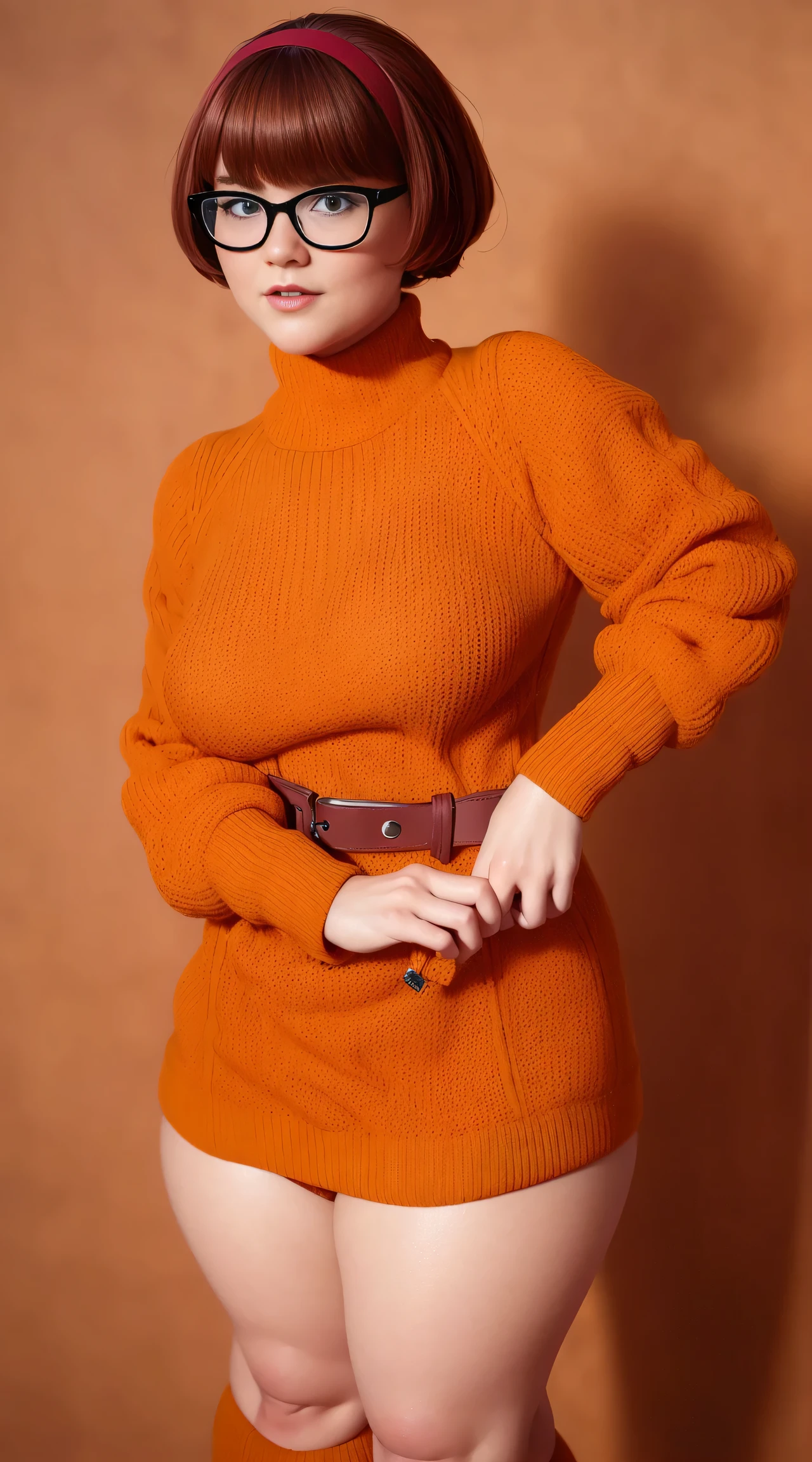 ((masterpiece, best quality, ultra-detailed, ultra-HD, photorealistic, cinematic)), (close-up camera shot:1.2), (sensual pose), (alluring and voluptuous female as Velma Dinkley), perfect anatomy, perfect face, large breasts, proportioned hands, (deep shade of auburn with a slight natural wave hair color, chin-length bob with blunt bangs hairstyle:1.3), (retro-chic style outfit, knee-length and maroon turtleneck dress), (a matching maroon belt that cinches at her waist:1.2), (thick-framed black square glasses), (wears knee-high, mustard-yellow socks that peek out just above her brown, sensible lace-up shoes), (sports a delicate, gold pendant necklace with a small magnifying glass charm), (vibrant orange cardigan slung over her shoulders), ((dynamic background))