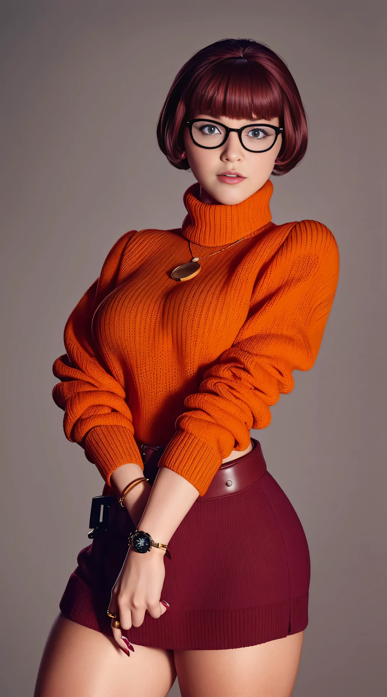 ((masterpiece, best quality, ultra-detailed, ultra-HD, photorealistic, cinematic)), (close-up camera shot:1.2), (sensual pose), (alluring and voluptuous female as Velma Dinkley), perfect anatomy, perfect face, large breasts, proportioned hands, (deep shade of auburn with a slight natural wave hair color, chin-length bob with blunt bangs hairstyle:1.3), (retro-chic style outfit, knee-length and maroon turtleneck dress), (a matching maroon belt that cinches at her waist:1.2), (thick-framed black square glasses), (wears knee-high, mustard-yellow socks that peek out just above her brown, sensible lace-up shoes), (sports a delicate, gold pendant necklace with a small magnifying glass charm), (vibrant orange cardigan slung over her shoulders), ((dynamic background))